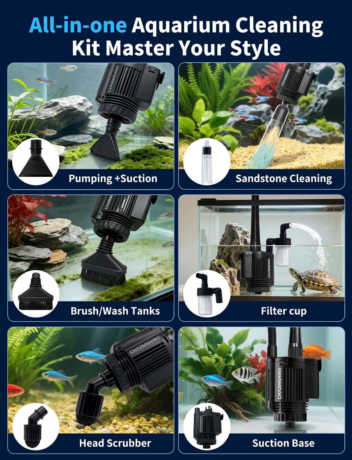 Charmshine gravel vacuum suction demonstrates quick waste removal without stressing your aquarium.