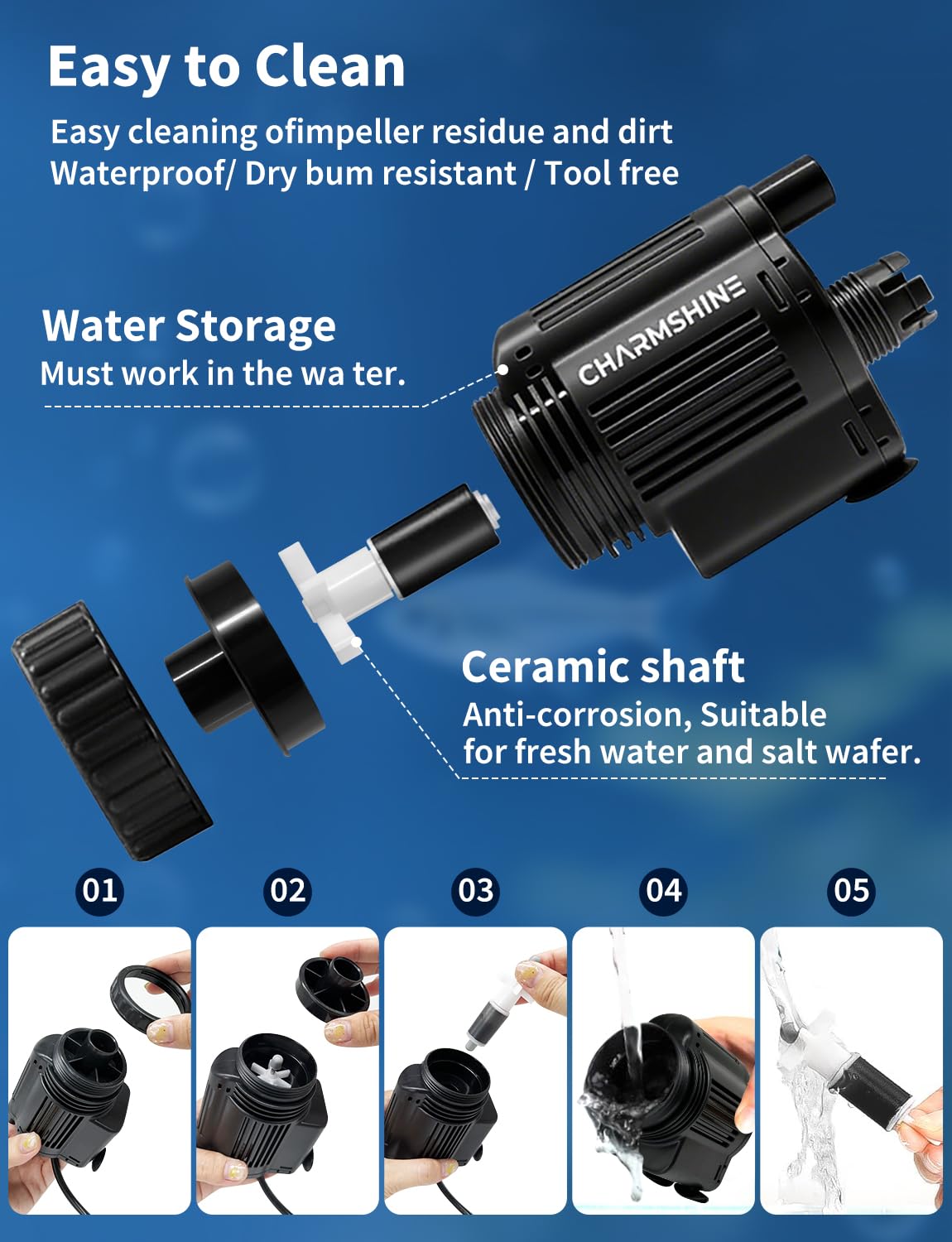 Charmshine water-change-wash-sand feature supports efficient tank upkeep.