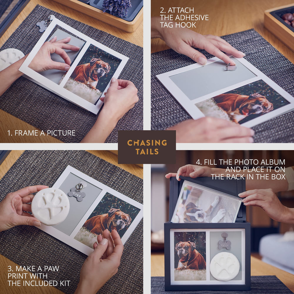 Chasing Tails dog urn front-frame display highlighting treasured photos.