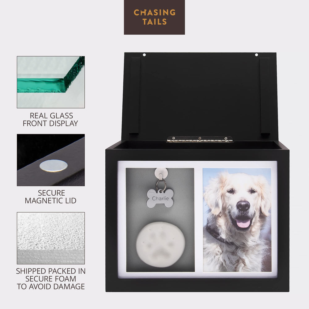 Chasing Tails dog urn interior with ash bag, accommodating keepsakes and memories together.