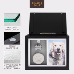 Chasing Tails dog urn interior with ash bag, accommodating keepsakes and memories together.