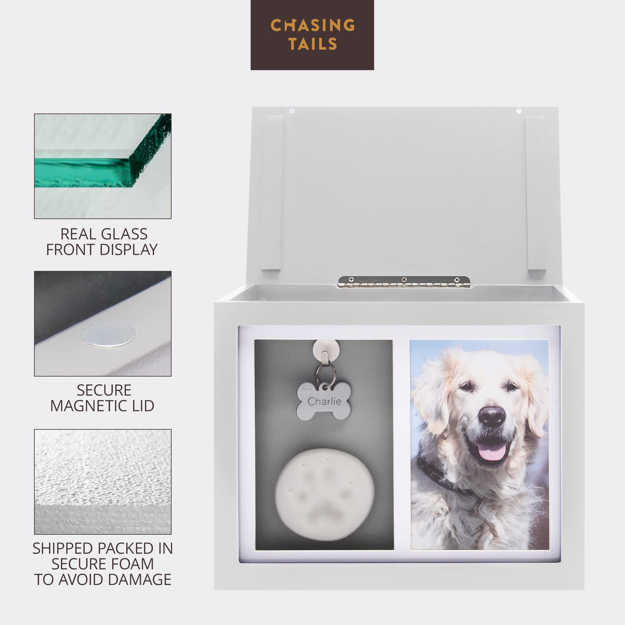 Chasing Tails urn interior and keepsake bag for collar or mementos.