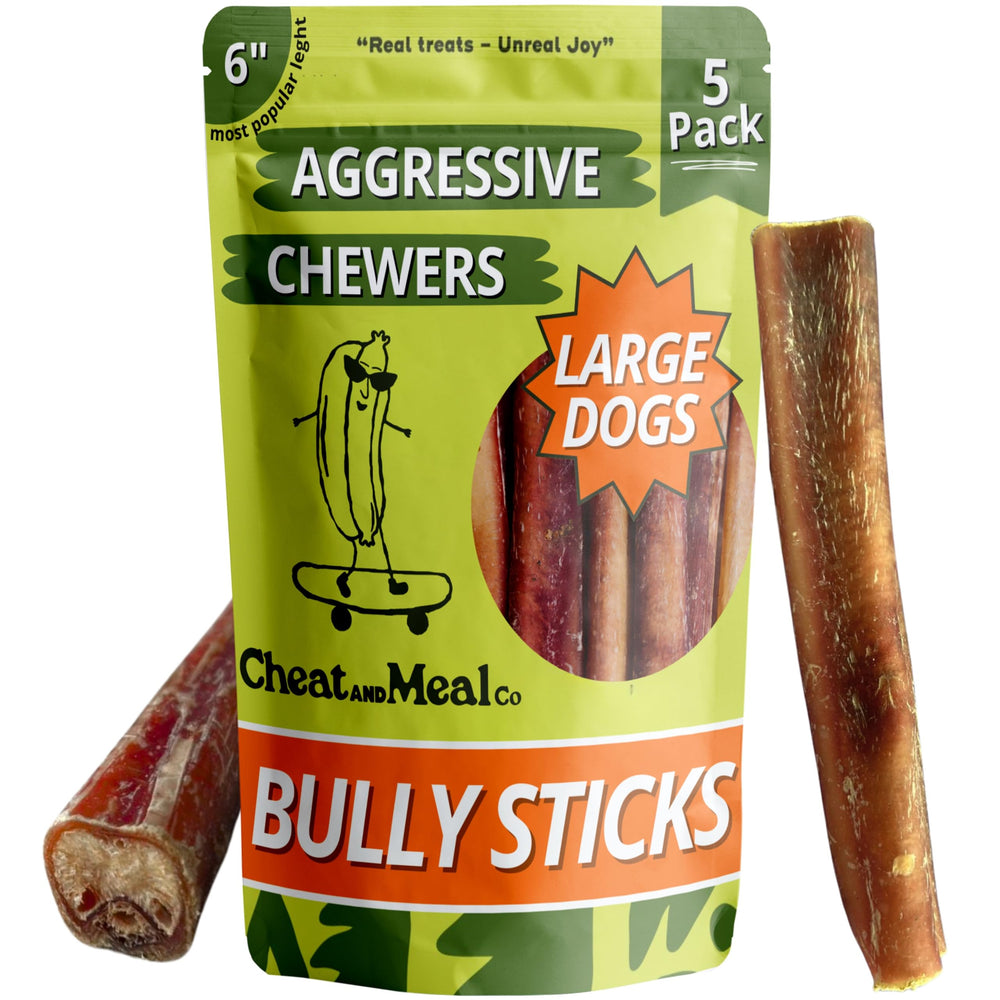 Cheat and Meal Co bully sticks 6-inch for large dogs, long-lasting chew in pack front view.