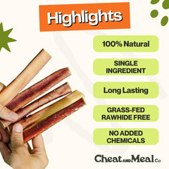 Cheat and Meal Co bully sticks close-up, thick beef chew for aggressive chewers.