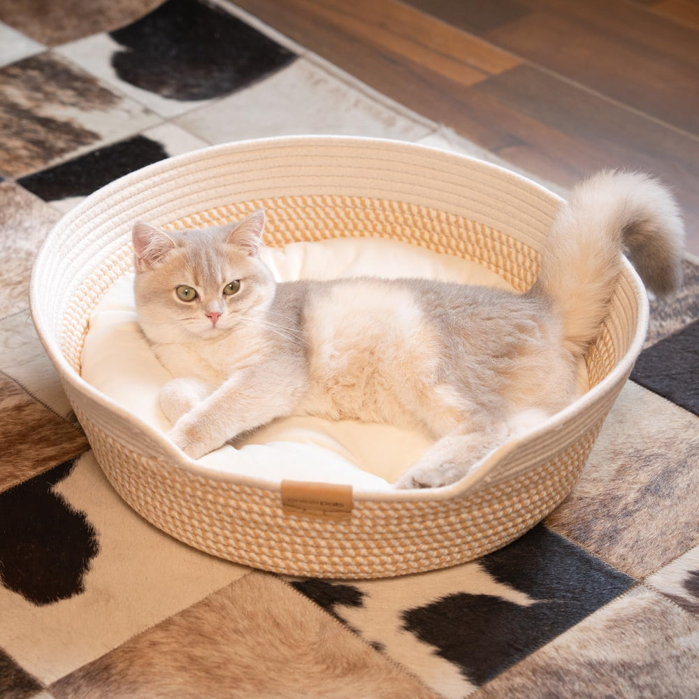 CHEERHOME PETS basket in living room—neutral white decor.