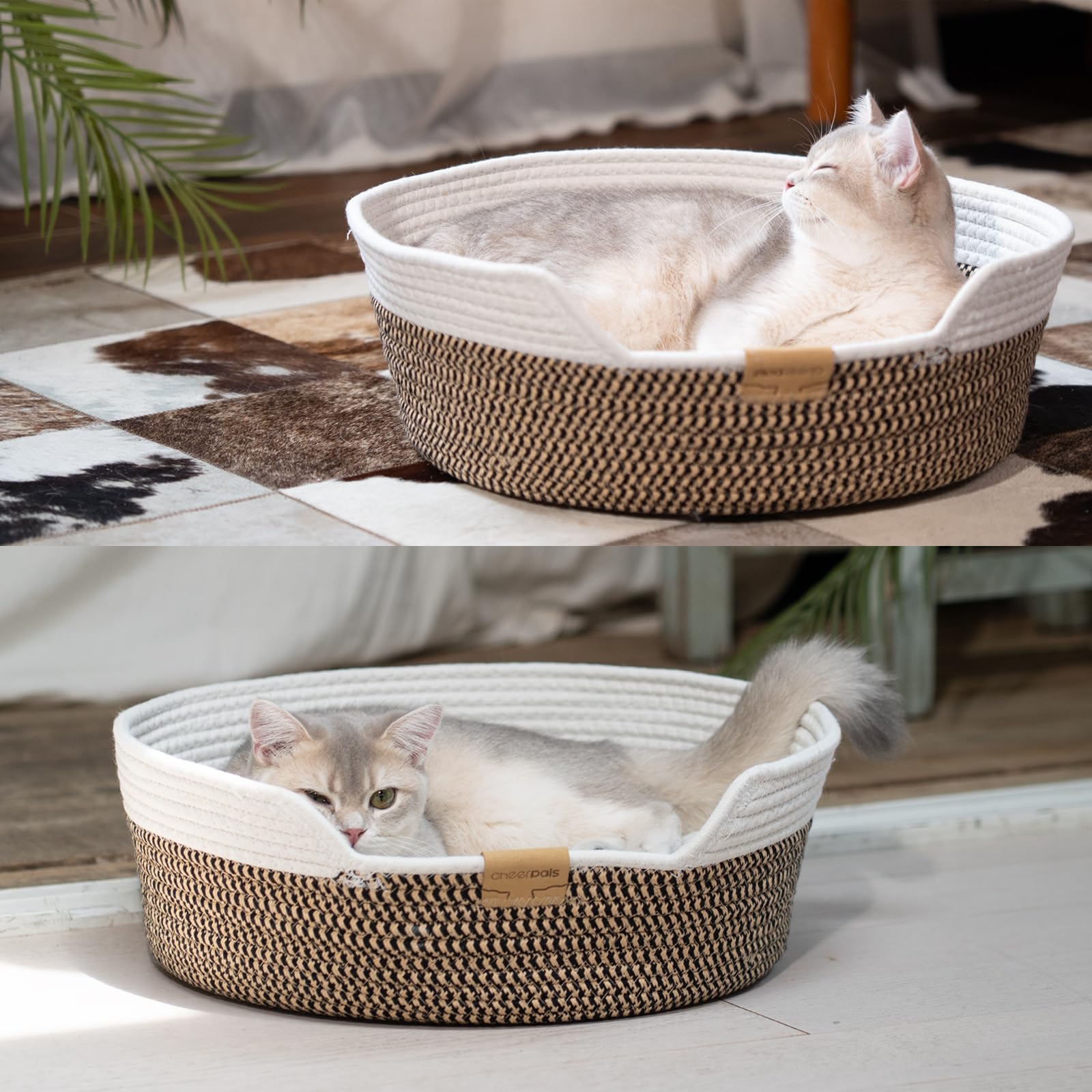 CHEERHOME PETS cat bed basket, cozy corner setup in living room.
