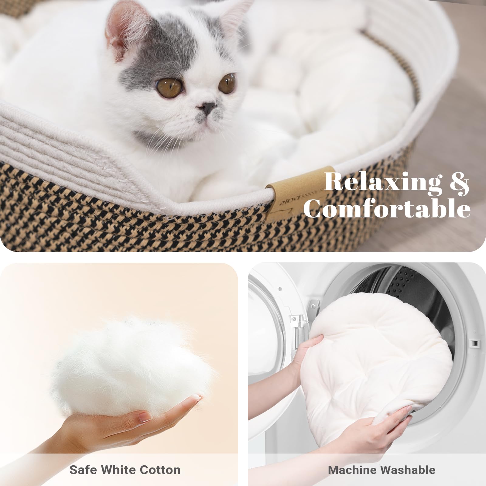CHEERHOME PETS cat bed basket, woven cotton rope detail, durable and breathable.