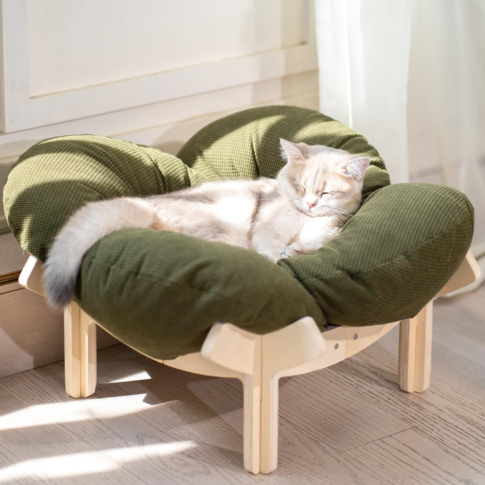 CHEERHOME PETS elevated cat bed in green with wooden frame for cozy lounging.