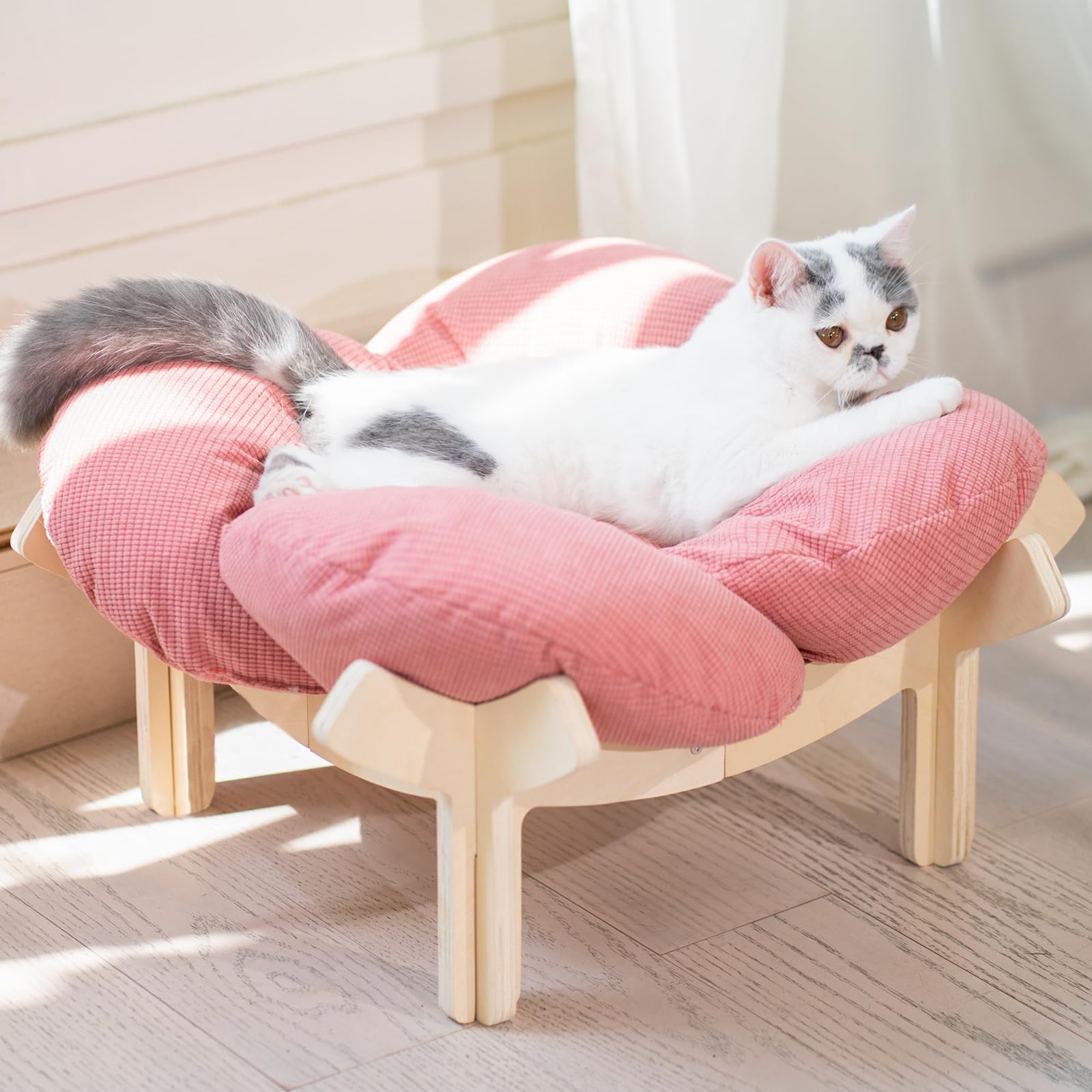 CHEERHOME PETS elevated cat bed front view highlights stylish wooden base and cozy pink cushion