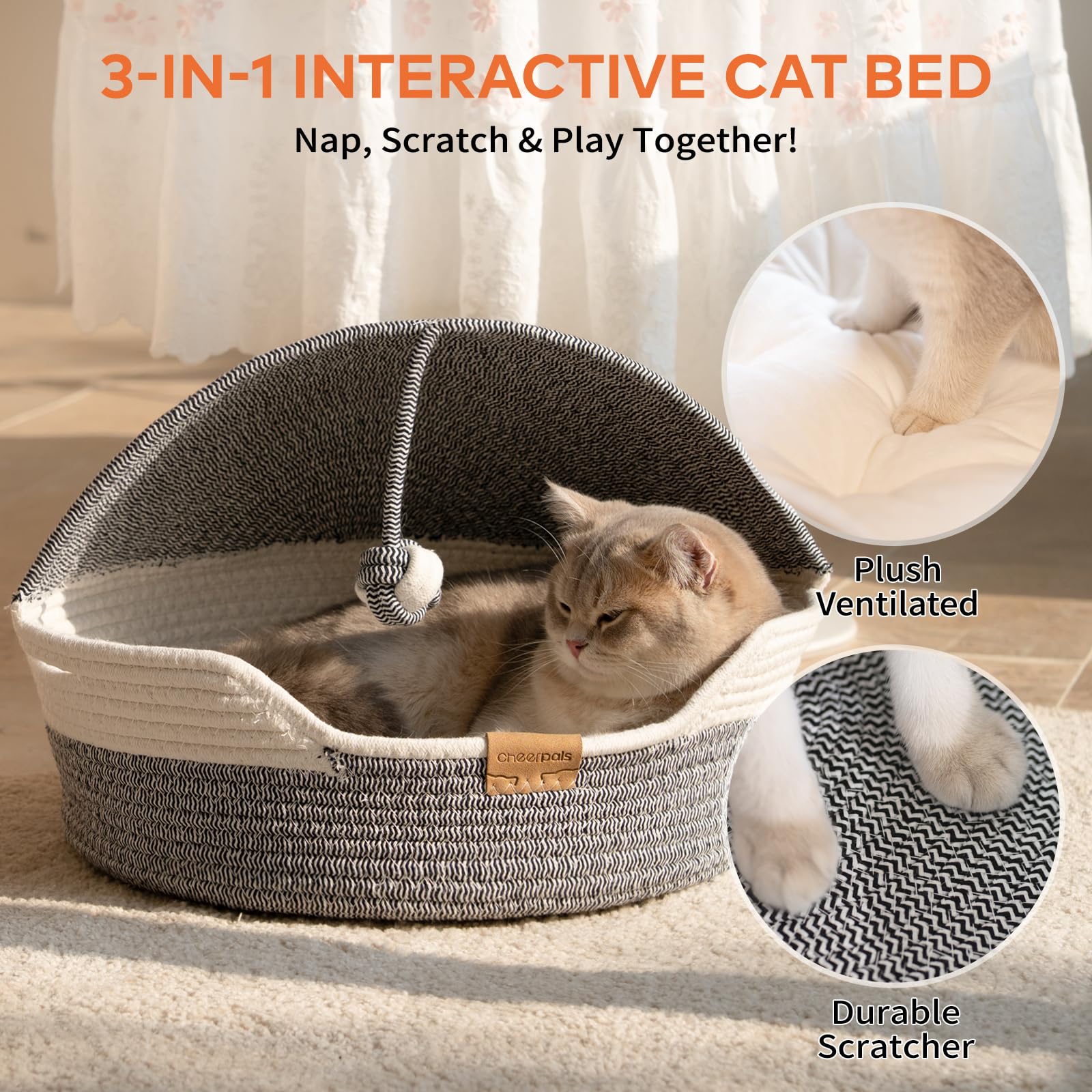 Cheerpals cat basket bed blue cushion detail shows high-density softness.