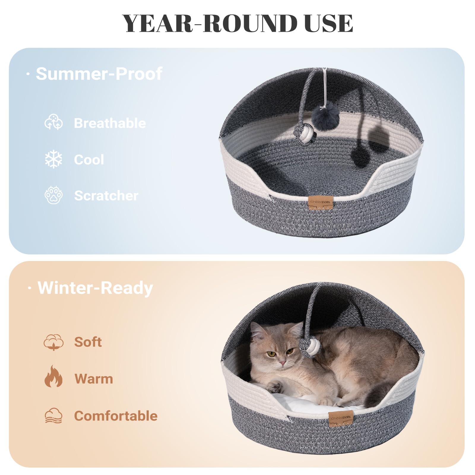 Cheerpals cat basket bed blue rolled-insert demonstrates adaptable warmth option.