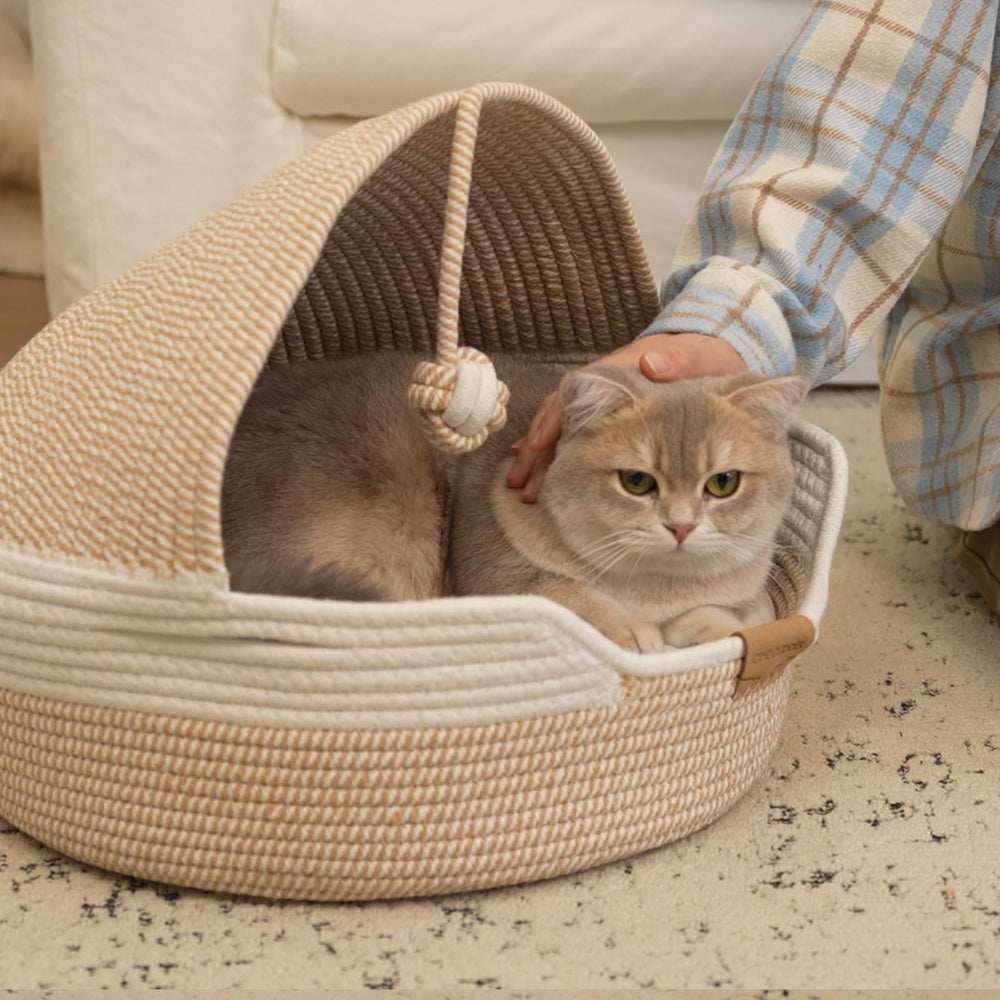 Compact CHEERPALS cat basket bed fits small living spaces.
