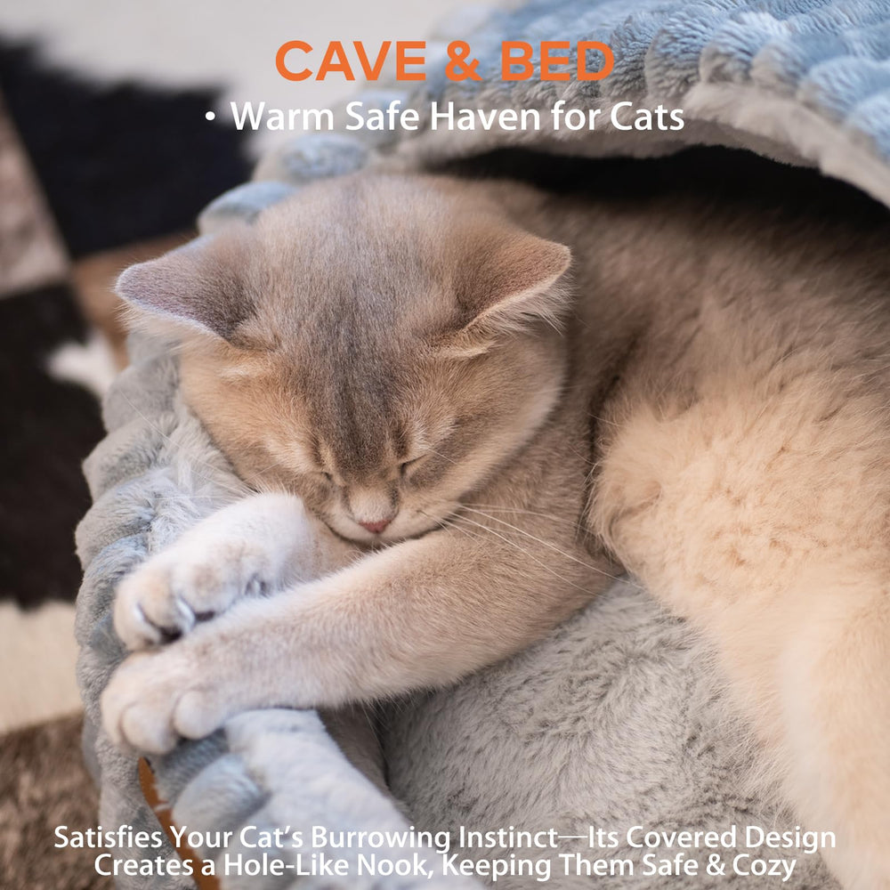 CHEERPALS Cat Cave Bed hooded interior showcases secure retreat for indoor cats.