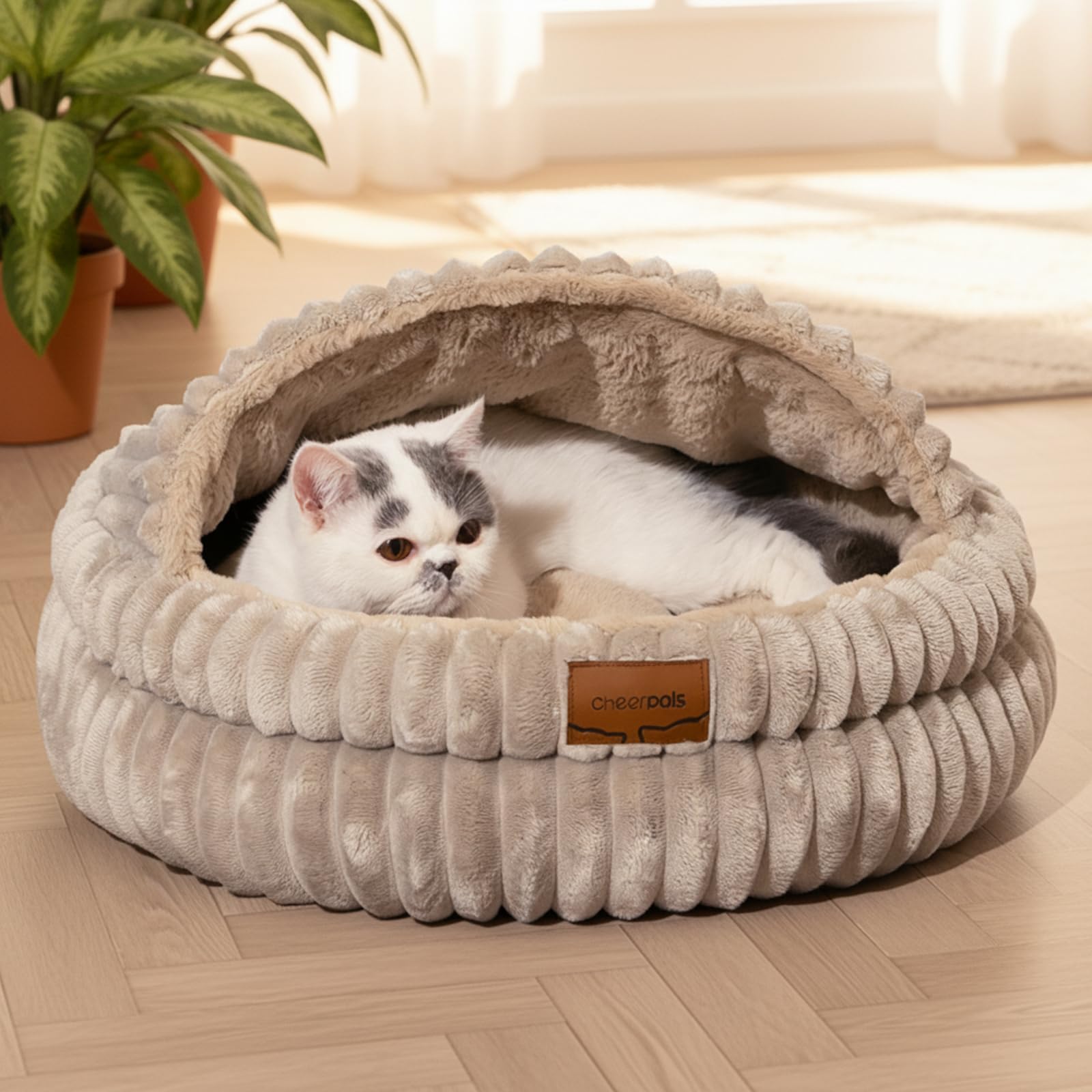 CHEERPALS cat cave bed hooded khaki provides a cozy retreat for indoor cats