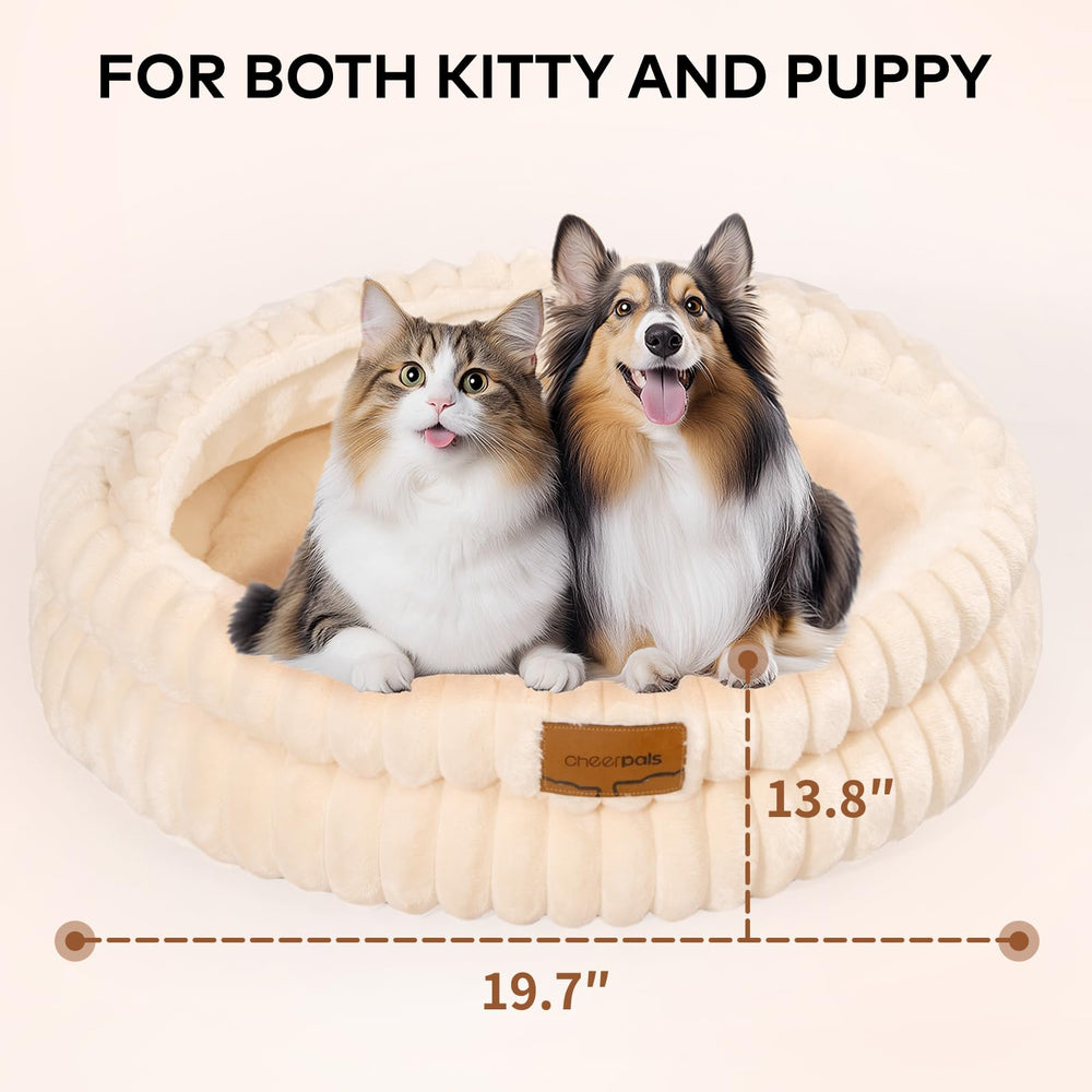 CHEERPALS Cat Cave Bed in a living room setup highlights easy care and style.