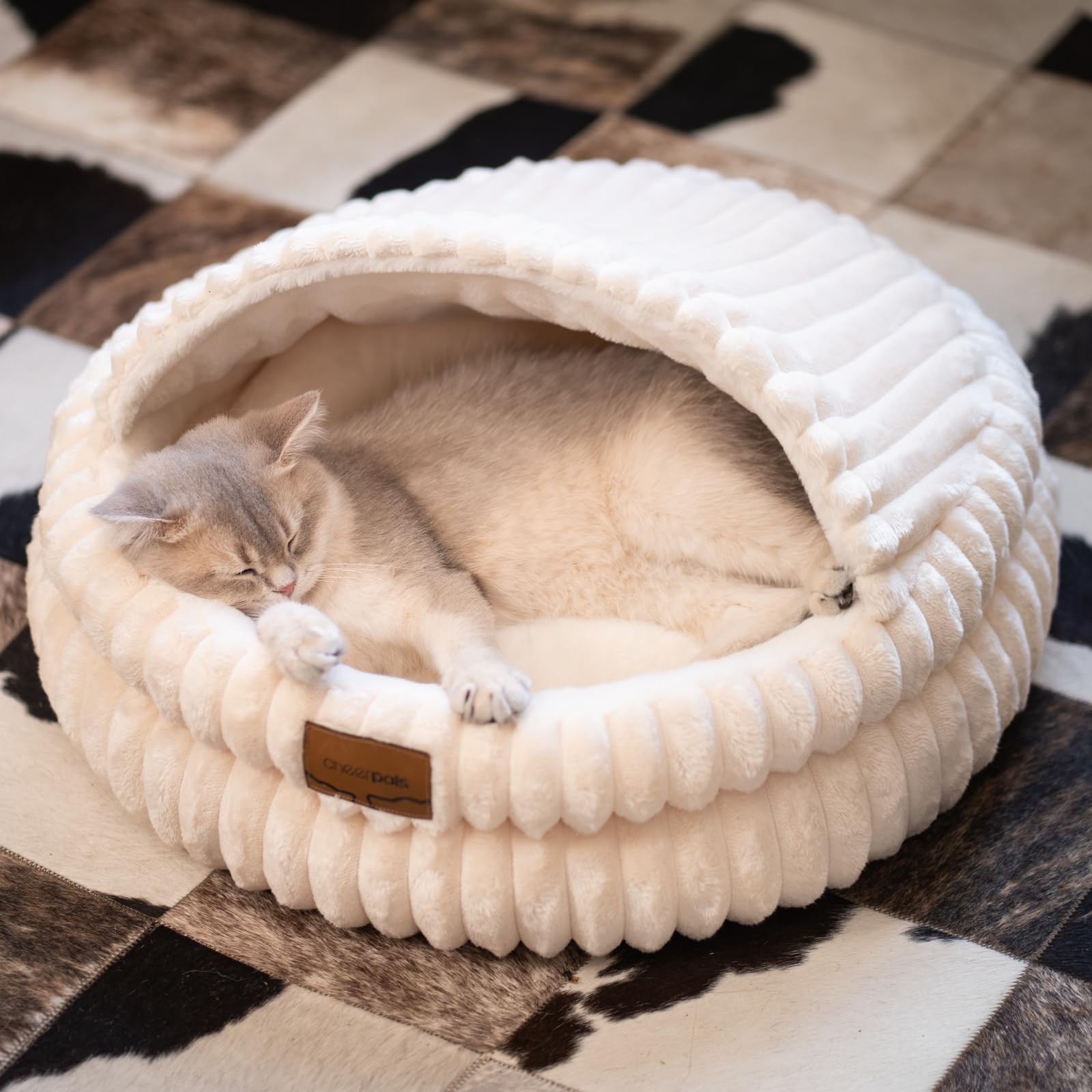 CHEERPALS Cat Cave Bed with soft plush fabric offers a cozy retreat for indoor cats.
