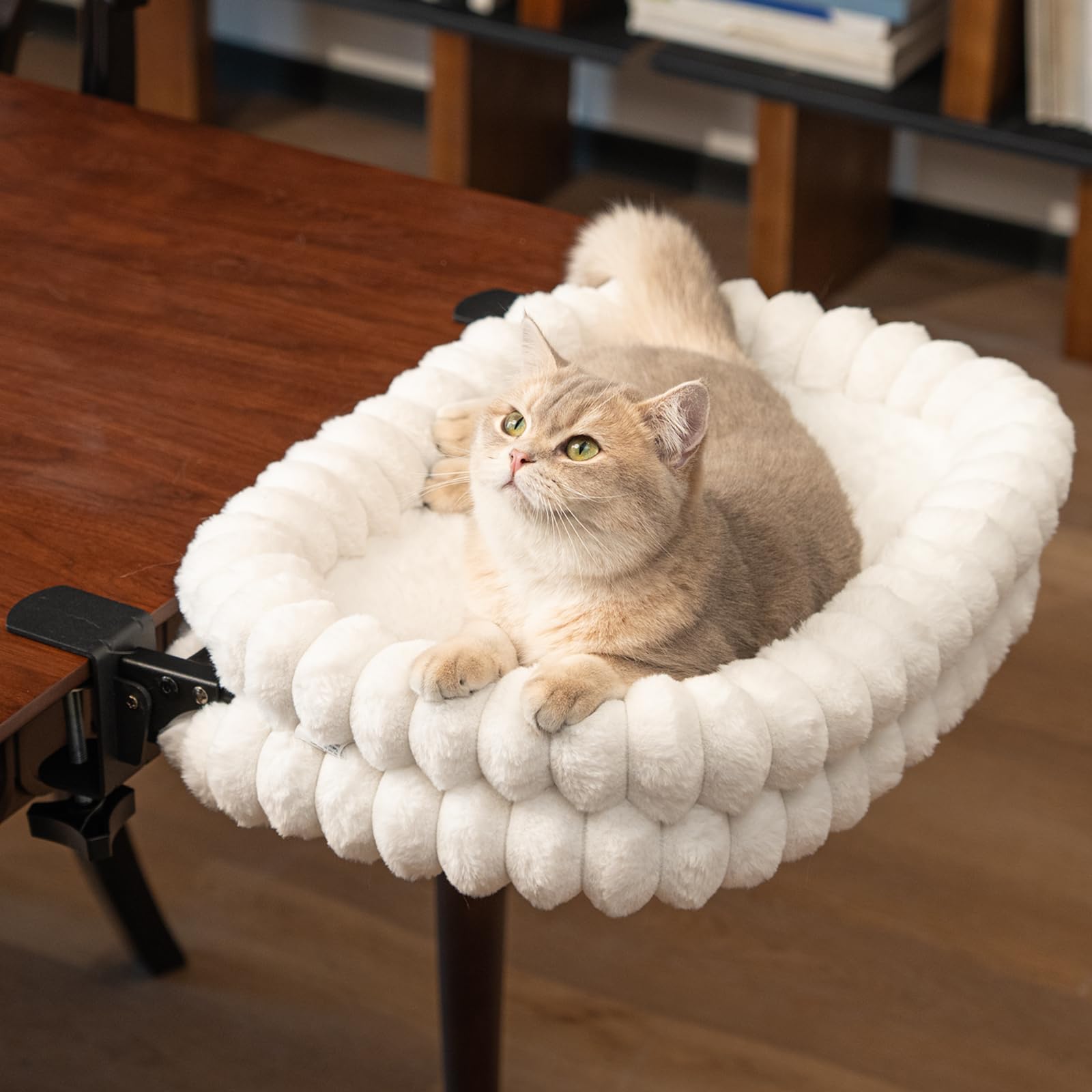 CHEERPALS cat desk bed with reversible cushion in white for all-season coziness.