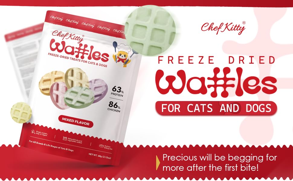 Close-up of Chef Kitty freeze-dried chicken treats showing light crunchy texture
