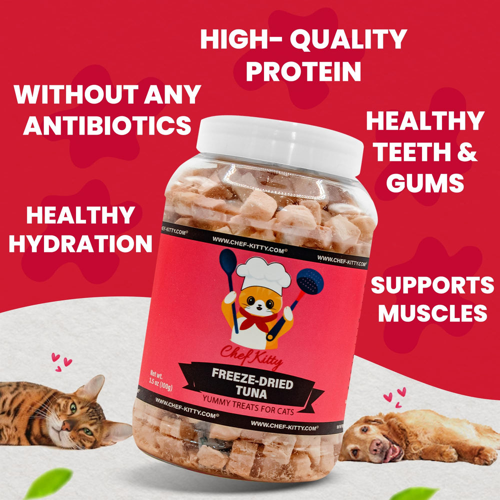 Chef Kitty high-protein tuna treats emphasize protein-rich snacking for active pets.