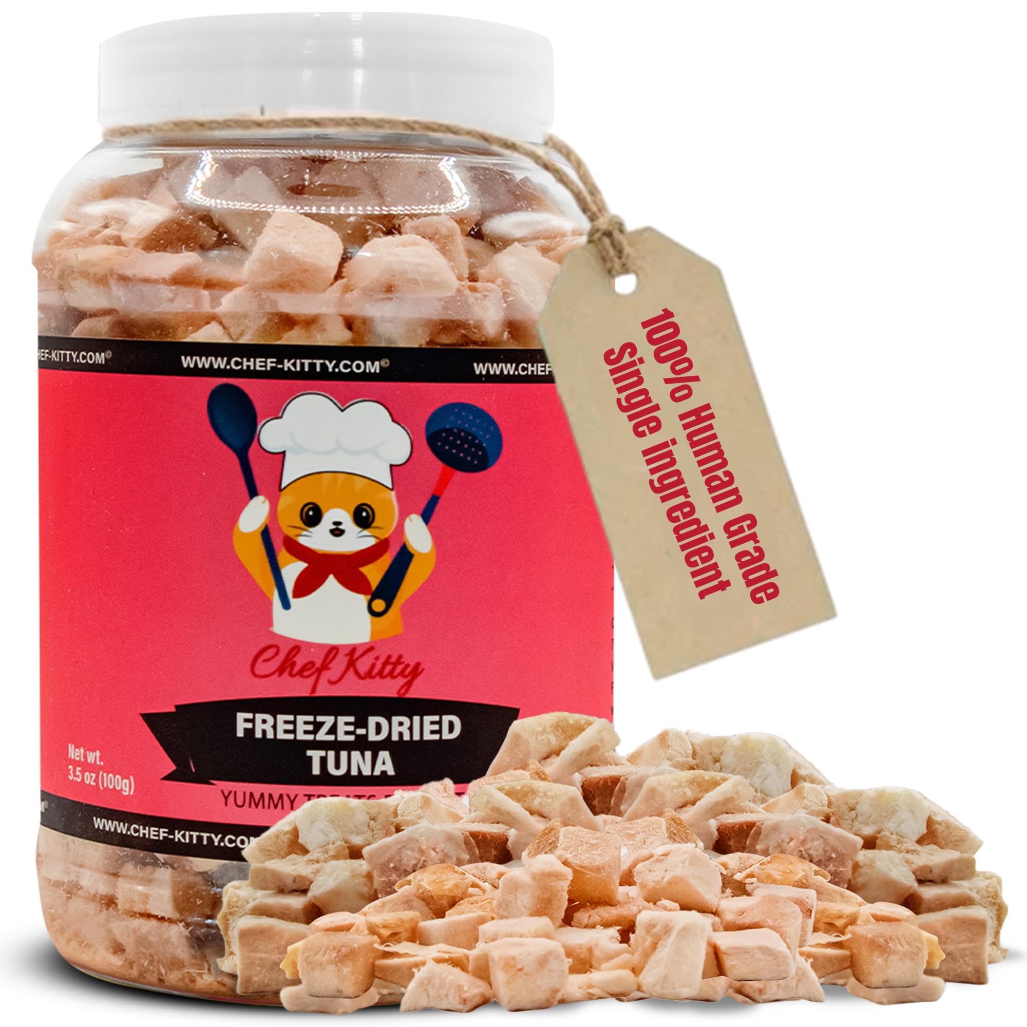 Chef Kitty tuna cat treats pack shows a 3.5 oz size for daily rewards.