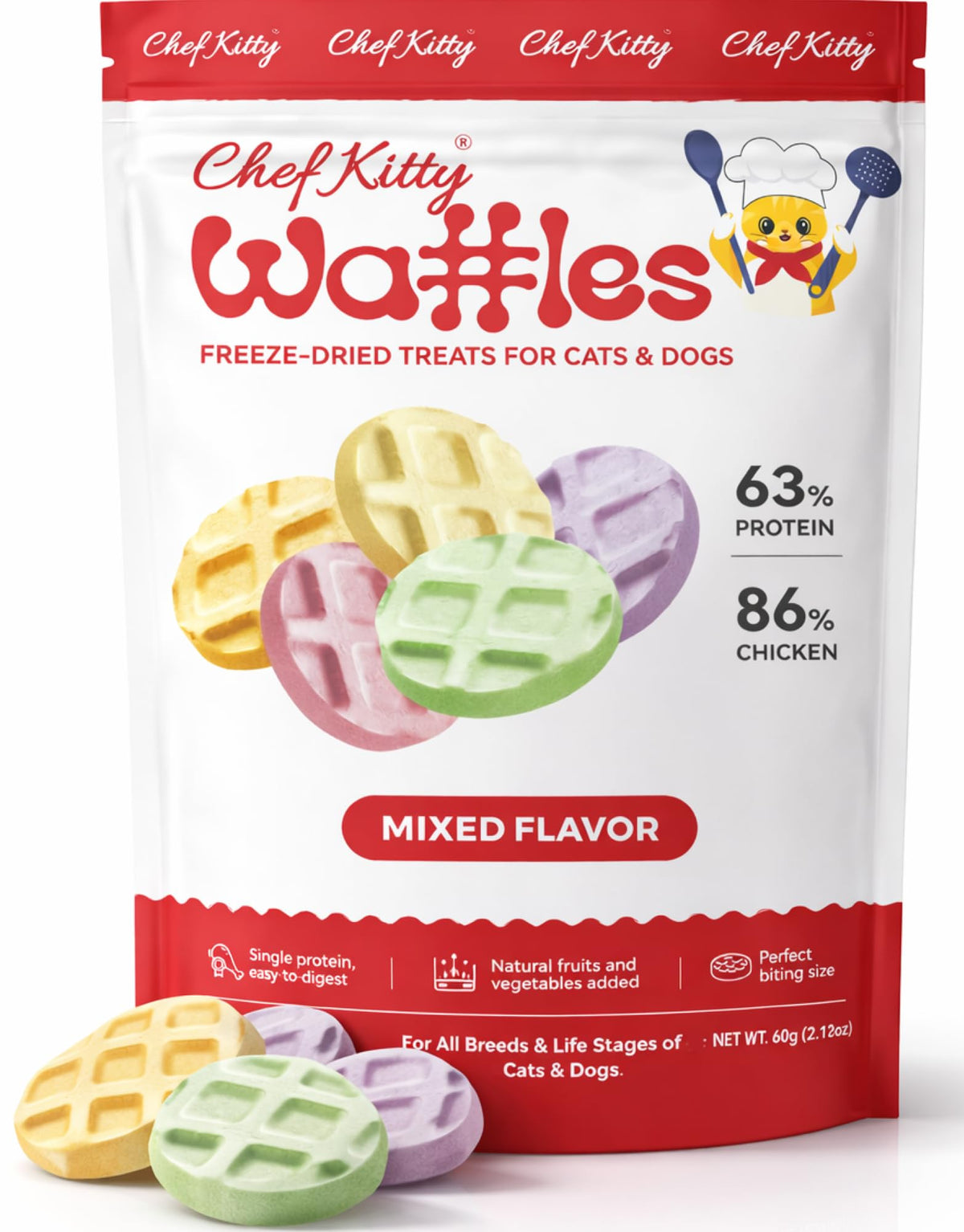 Chef Kitty waffle freeze-dried chicken cat treats in bag with crisp texture for training