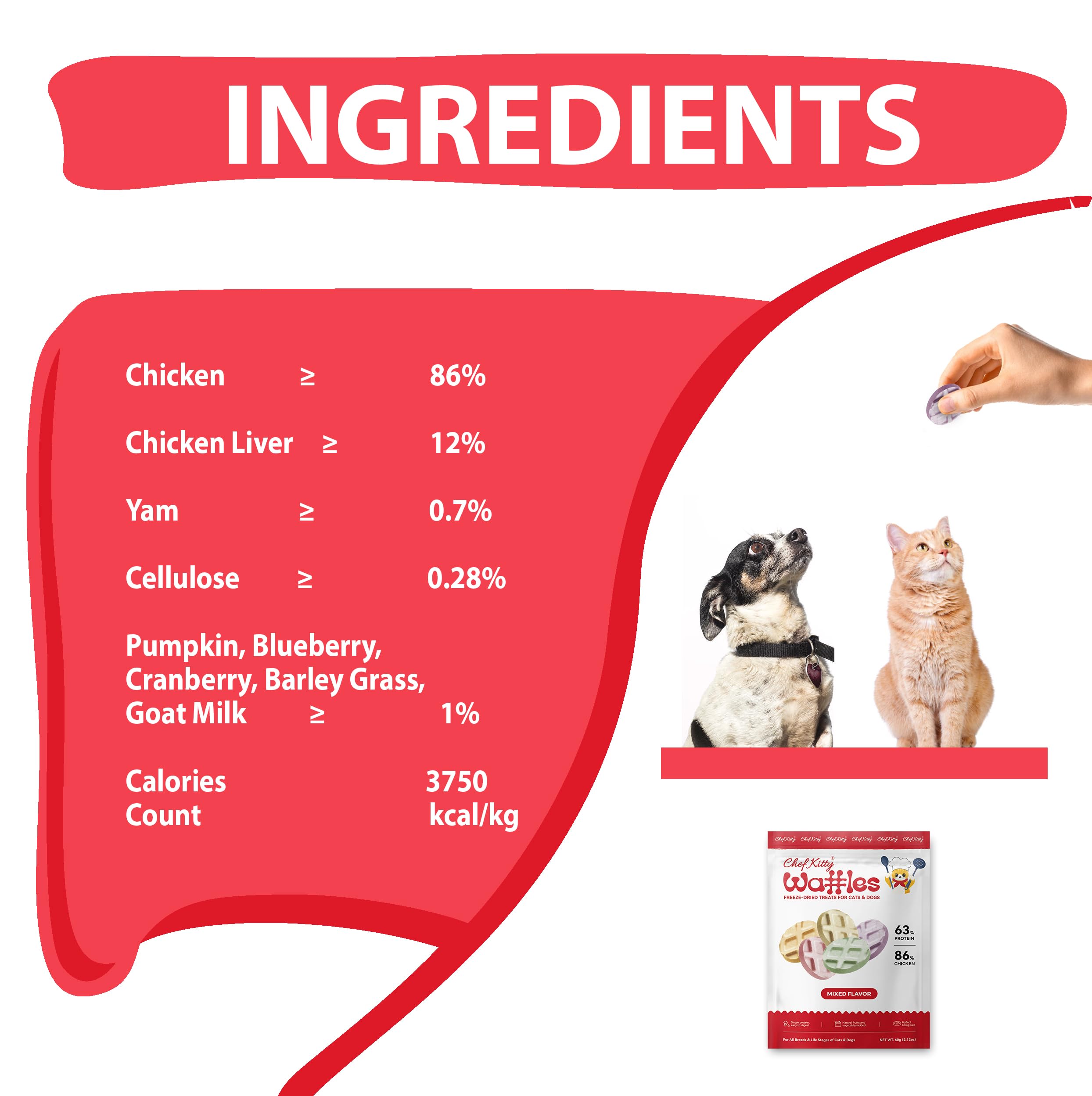 Chef Kitty waffle freeze-dried chicken cat treats served in bowls for easy serving