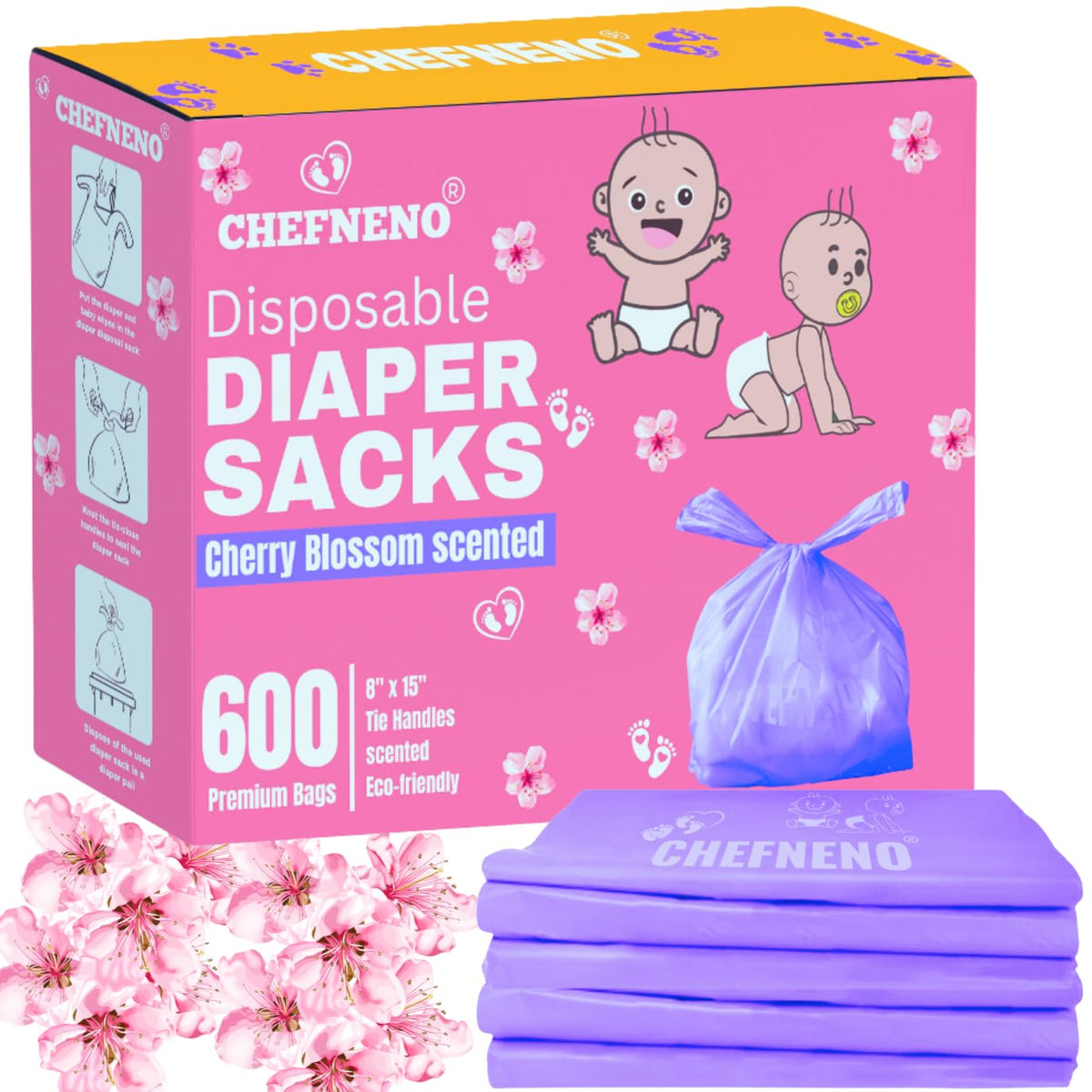 CHEFNENO bulk-pack on-shelf image shows 600ct diaper bags for bulk purchases.