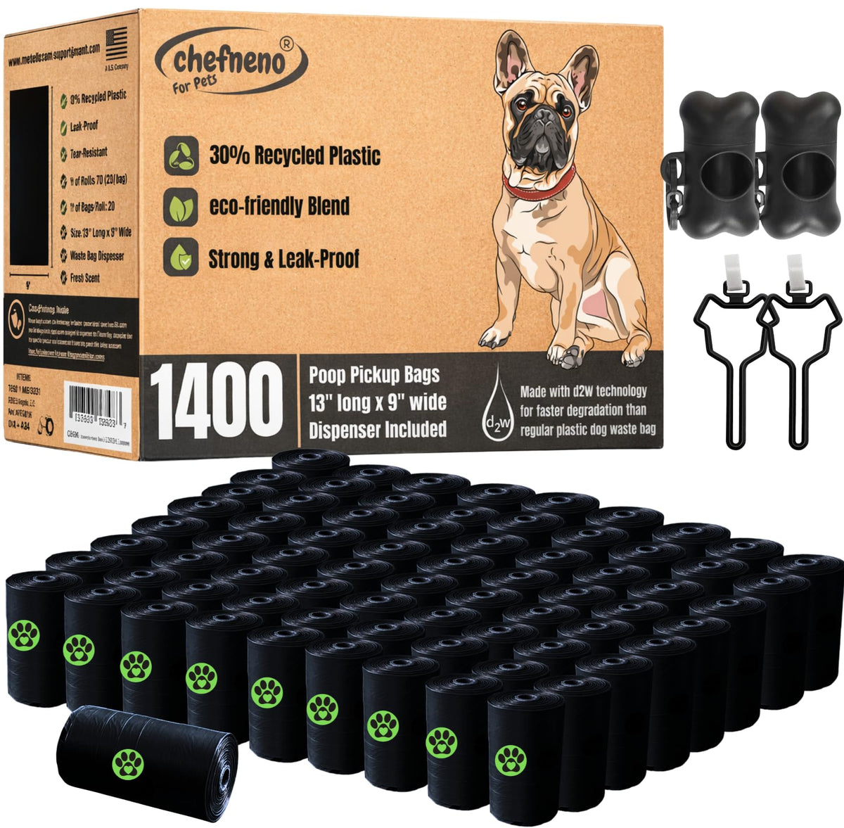 CHEFNENO dog poop bags with black dispenser for mess-free walk cleanup.