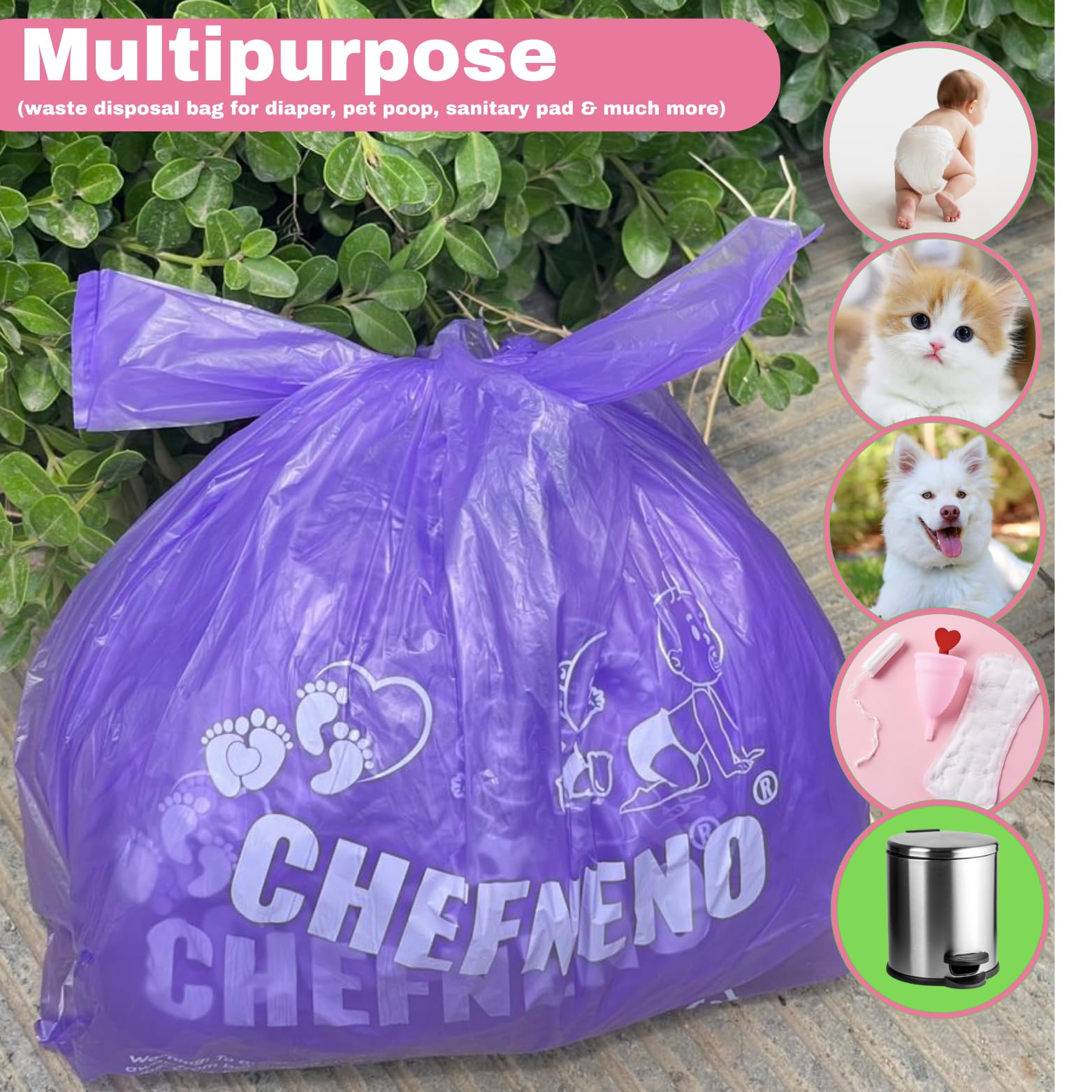 CHEFNENO multipurpose-diaper-pet-waste-bags image shows use for diaper, pet waste, and light garbage.