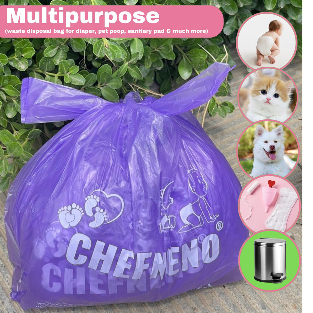 CHEFNENO multipurpose-diaper-pet-waste-bags image shows use for diaper, pet waste, and light garbage.