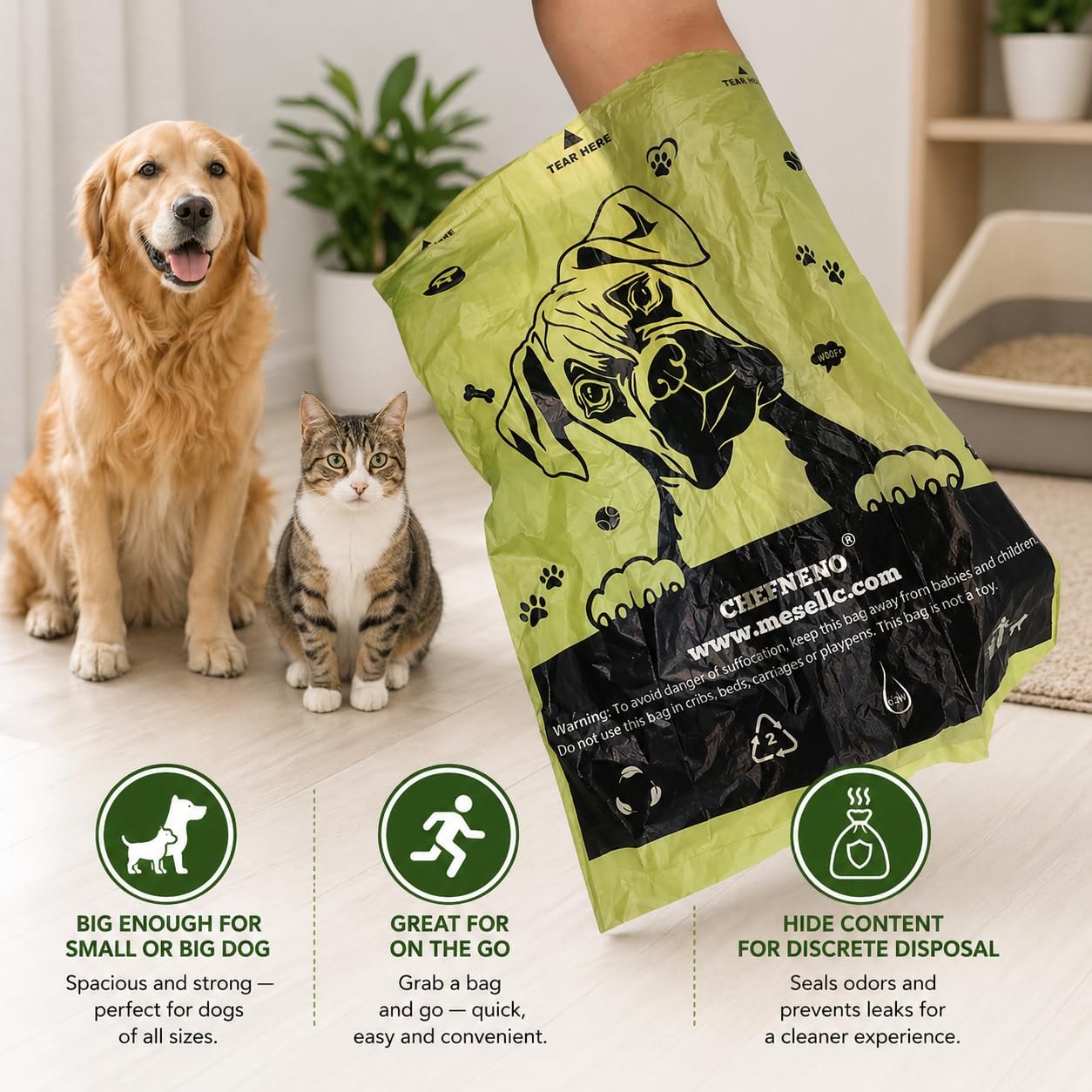 CHEFNENO multipurpose waste bags suitable for diapers and cat litter.