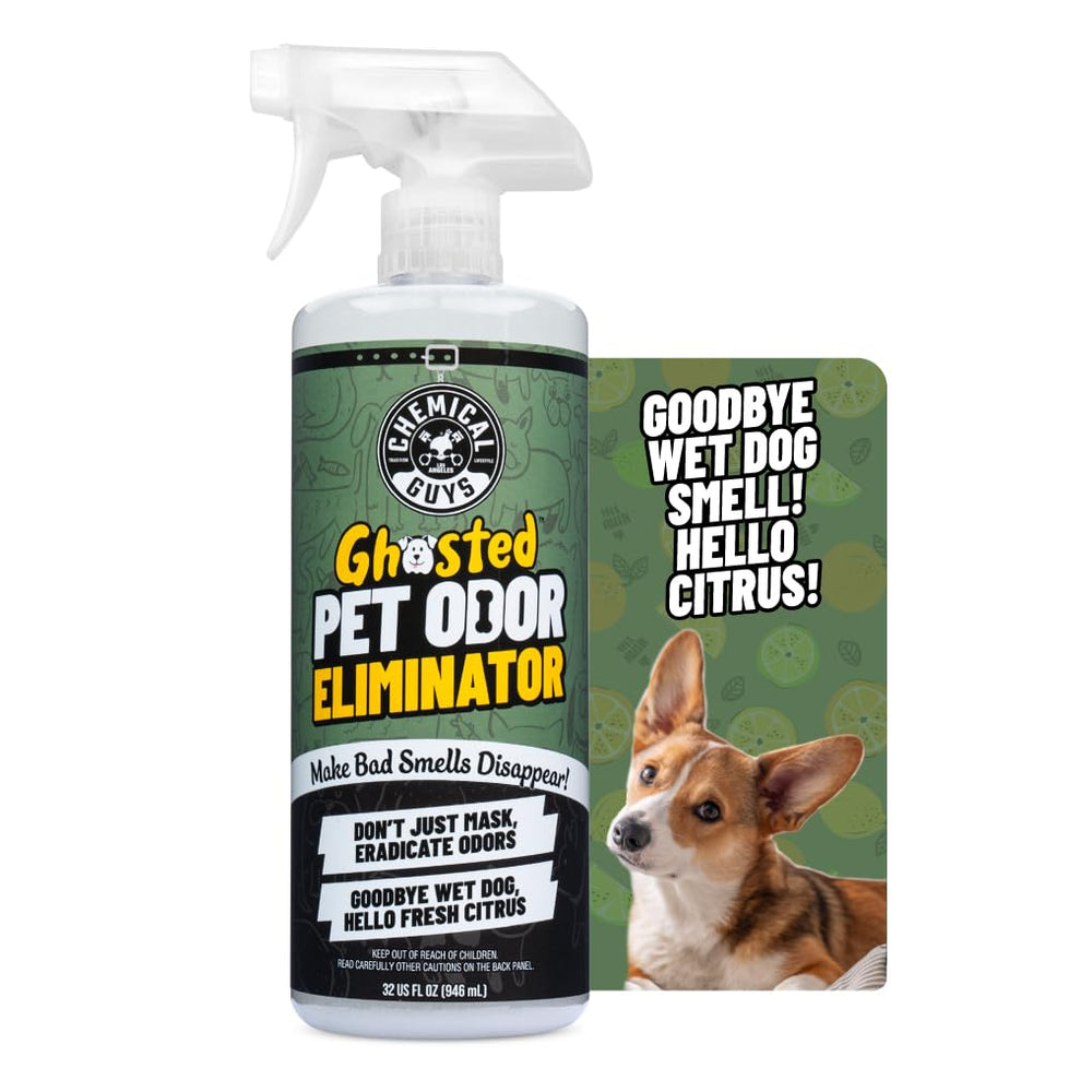 Chemical Guys Ghosted Pet Odor Eliminator bottle front ready to neutralize pet odors