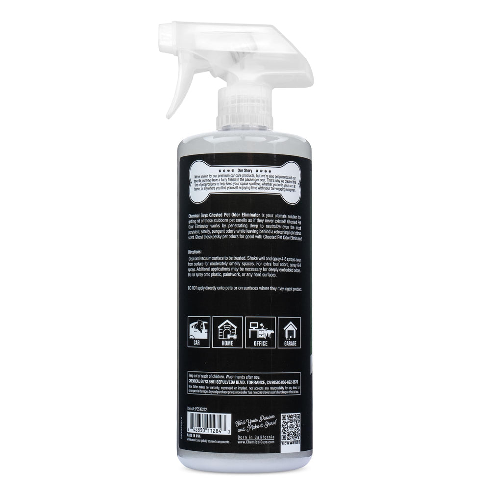 Chemical Guys Ghosted Pet Odor Eliminator spray mist leaving a light citrus aroma after use