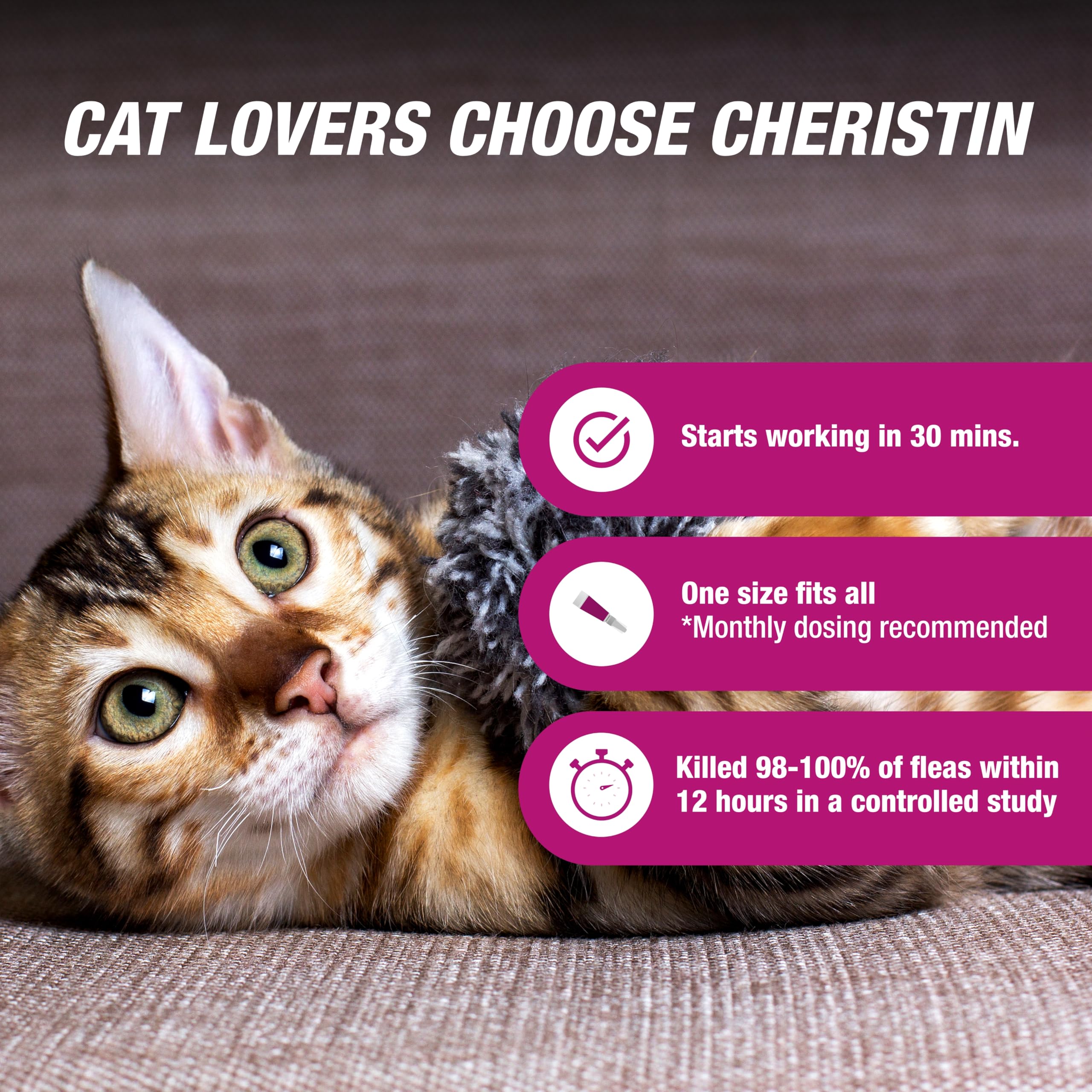 Cheristin 12-hour flea kill image shows protection for households with multiple cats.