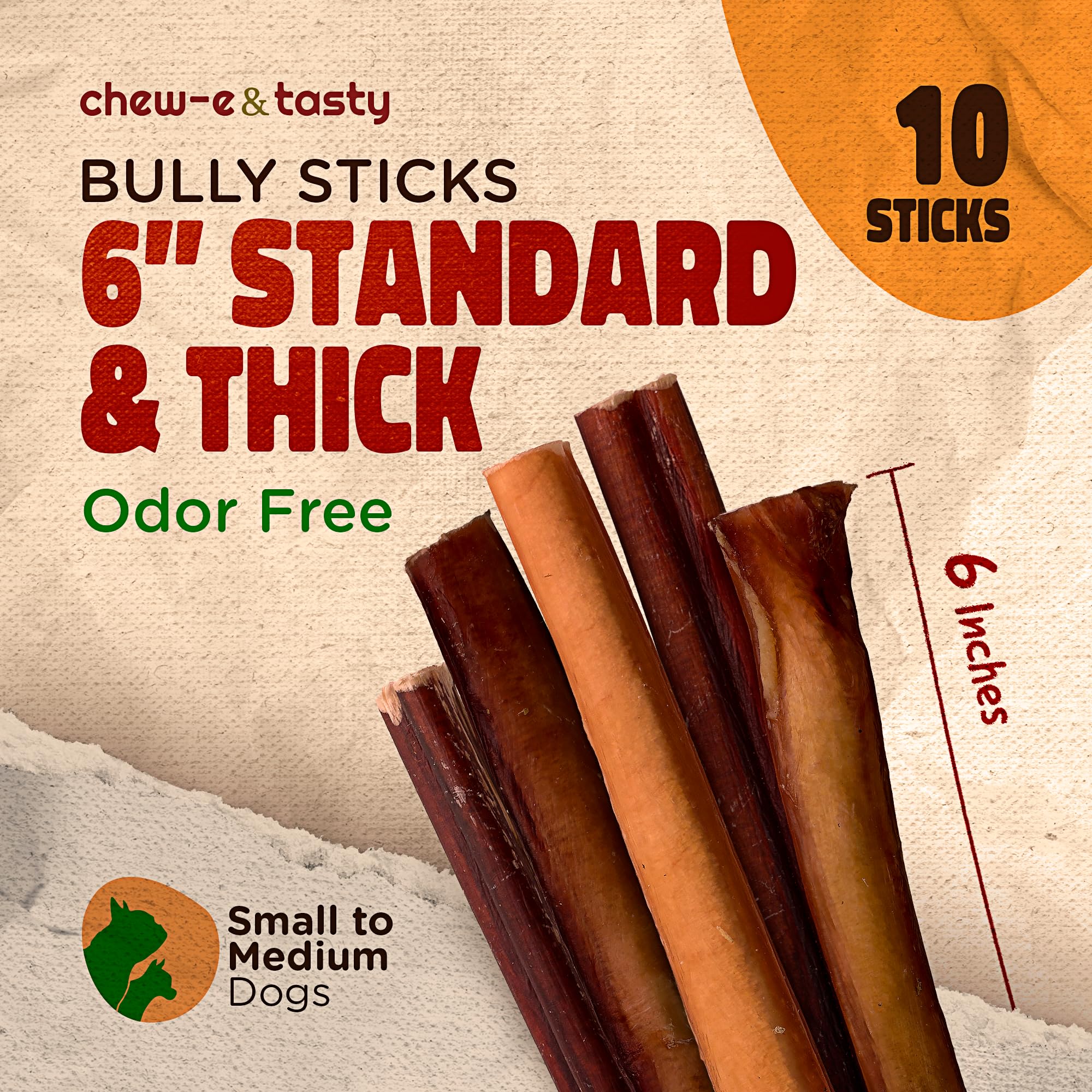 Chew-eandtasty bully sticks 6inch closeup beef shows pure ingredients for dogs.