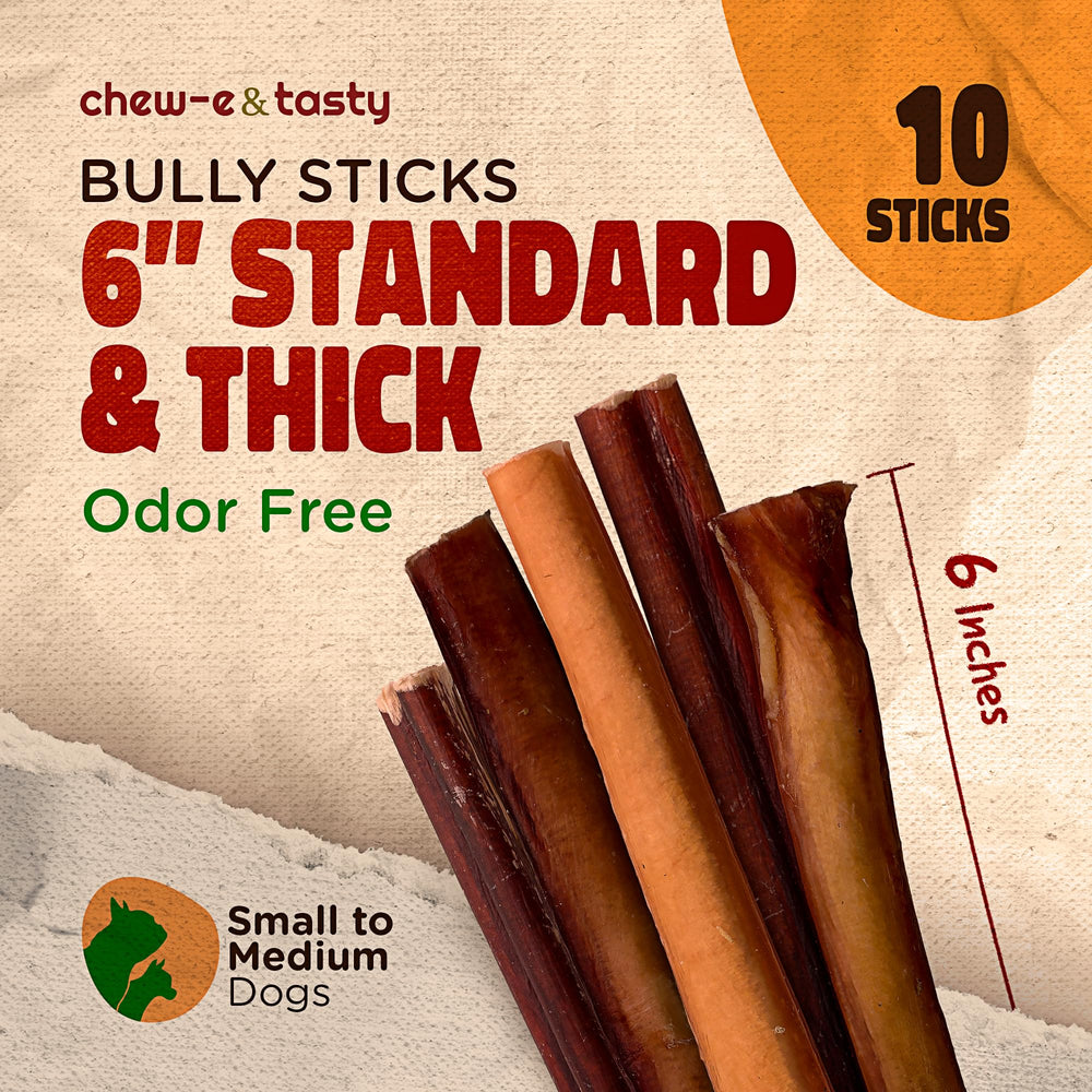 Chew-eandtasty bully sticks 6inch closeup beef shows pure ingredients for dogs.