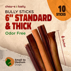 Chew-eandtasty bully sticks 6inch closeup beef shows pure ingredients for dogs.