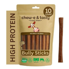 Chew-eandtasty bully sticks 6inch packaging highlights value and convenient daily chews.