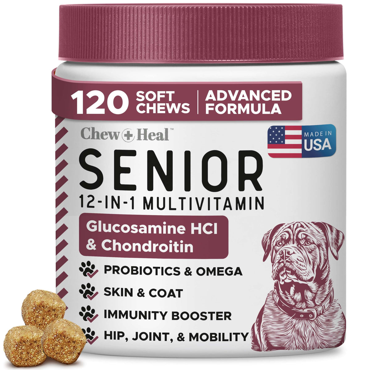 Chew + Heal Labs 12-in-1 senior dog multivitamin bottle supports daily wellness.