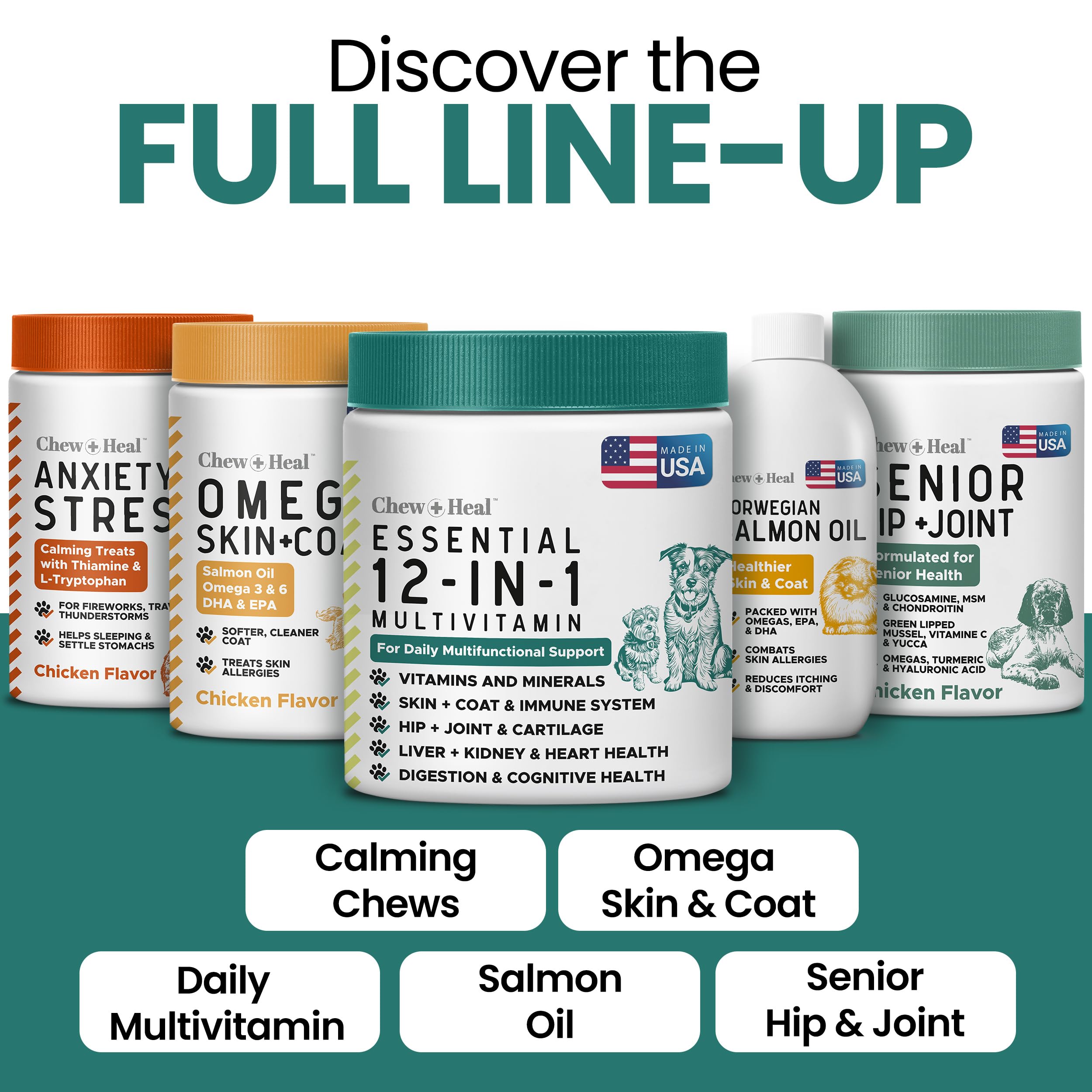 Chew + Heal Labs 60-count dog multivitamin pack for a complete daily routine.