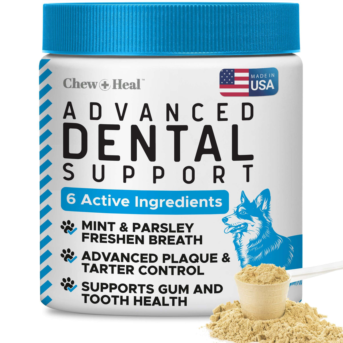 Chew + Heal Labs advanced dental powder for dogs targets tartar buildup.