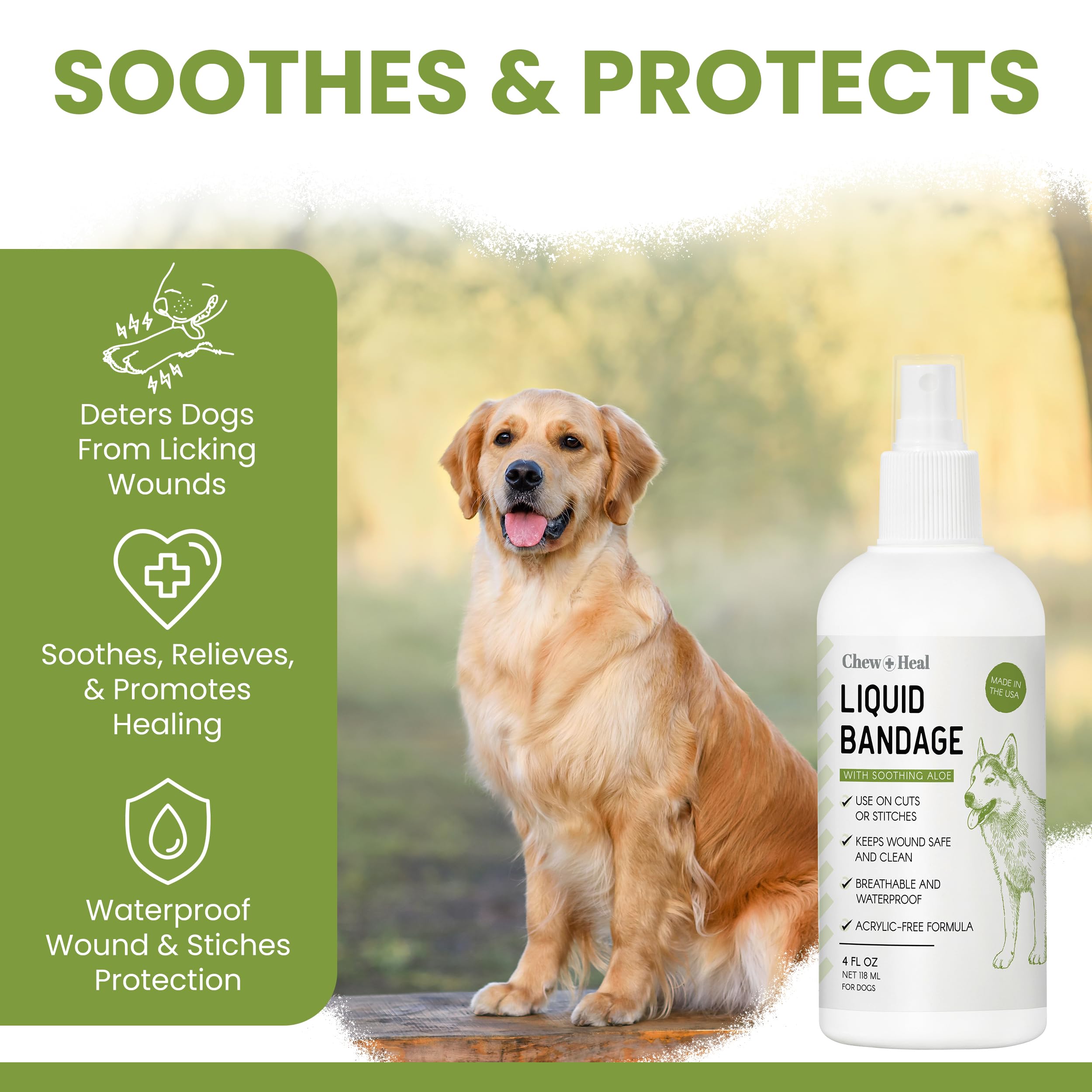 Chew + Heal Labs breathable waterproof barrier protects dog wound during play.