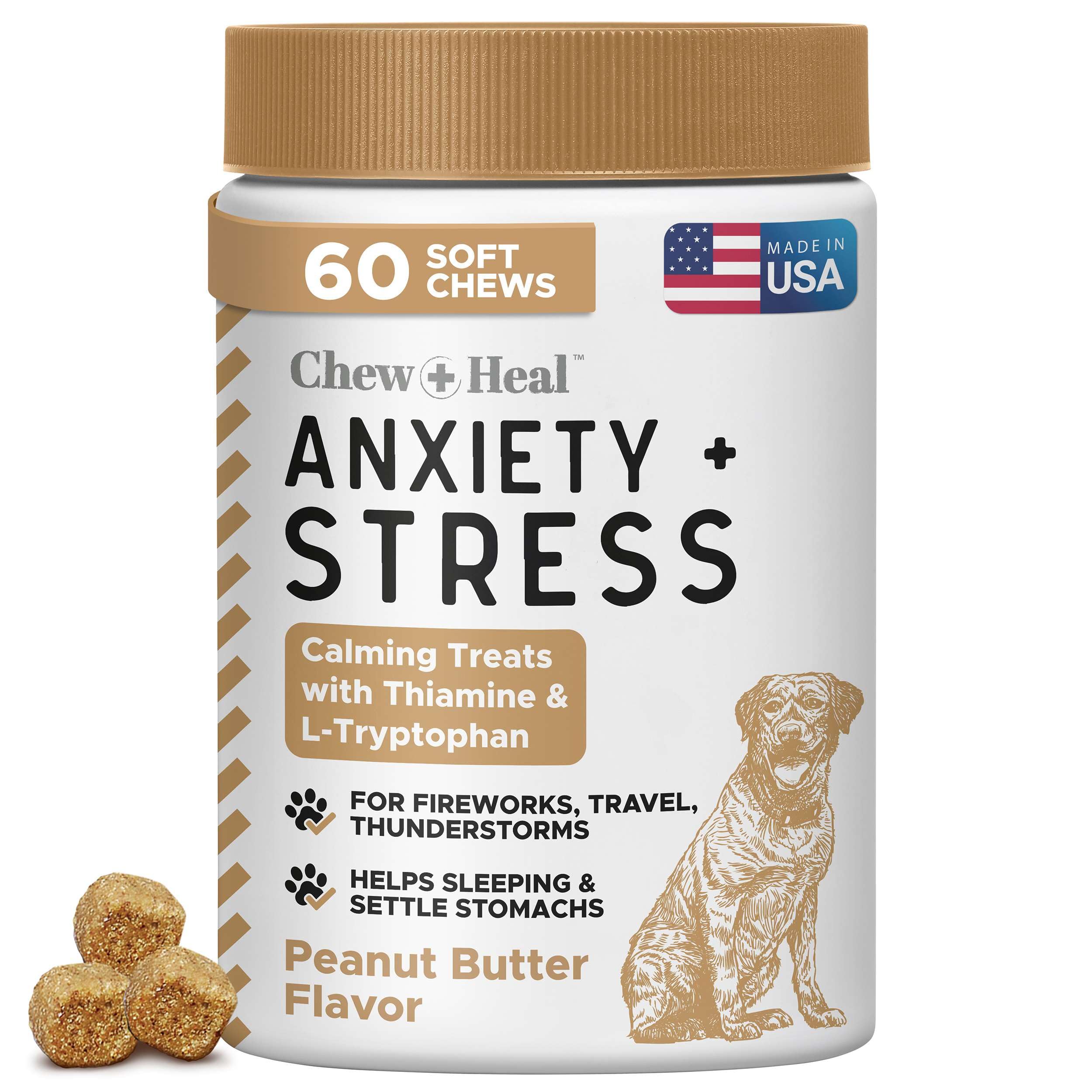 Chew + Heal Labs calming chews for dogs in a bottle help ease anxiety during storms
