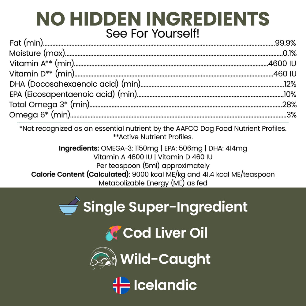 Label shows cod liver oil ingredients for canine health.