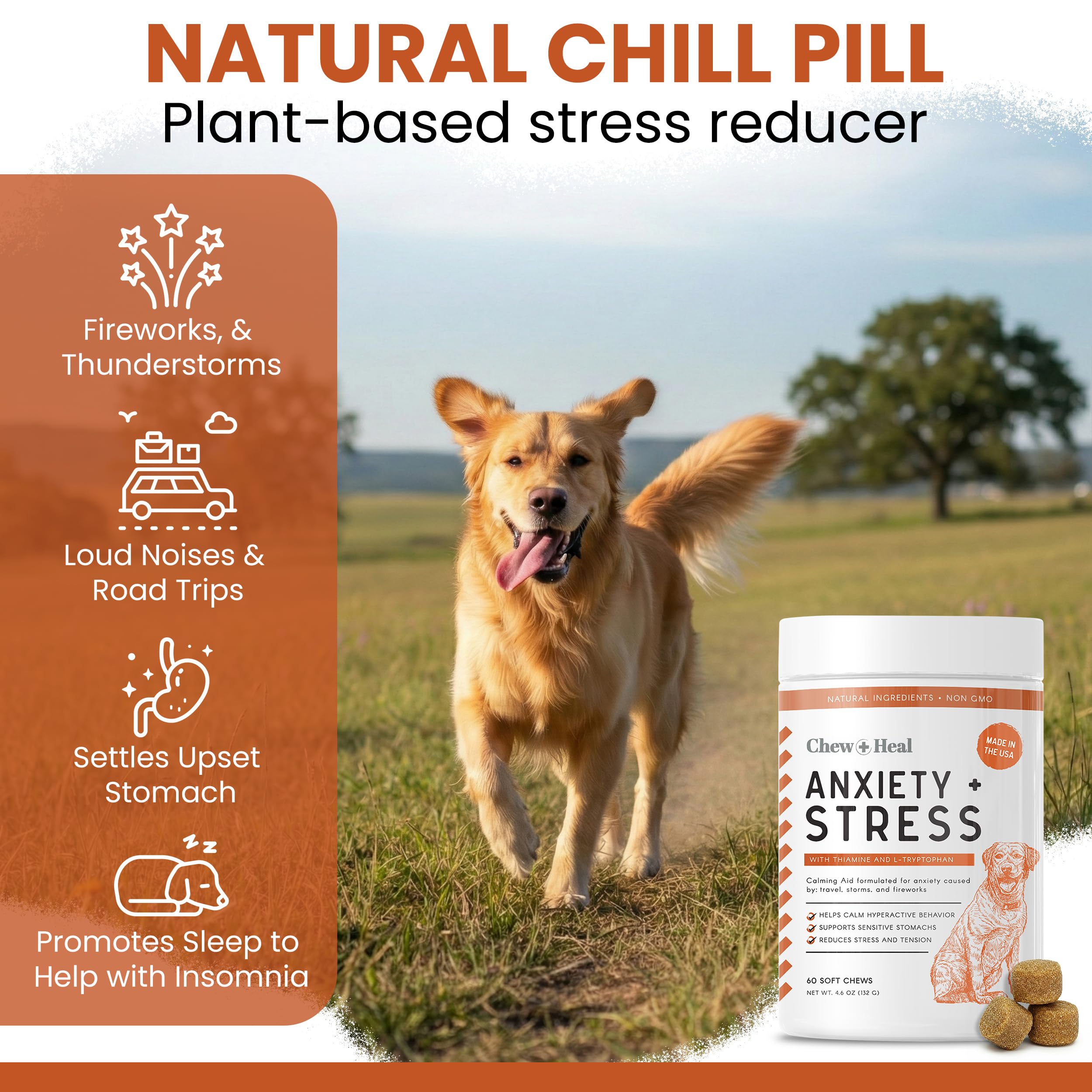 Chew + Heal Labs calming treats pack provides convenient daily anxiety relief for active dogs