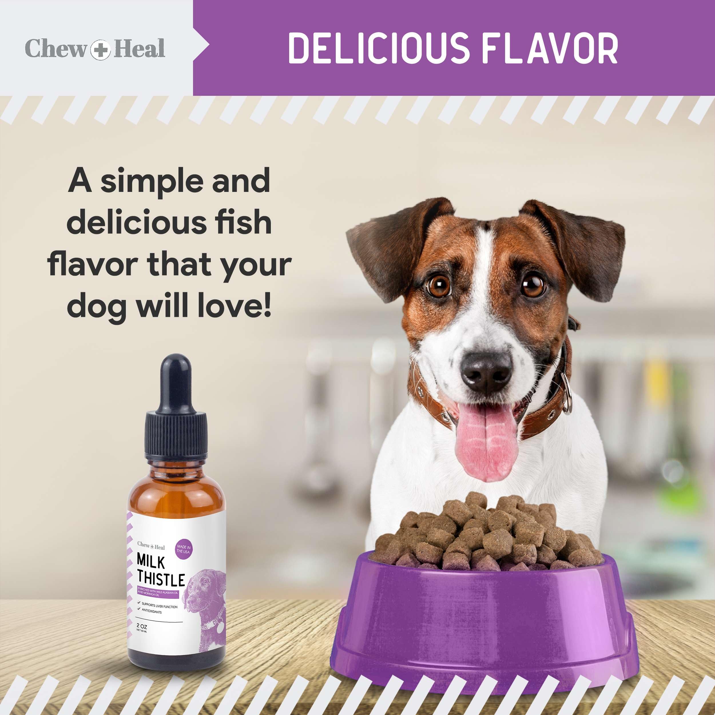 Dog receives Chew + Heal Labs drops for daily canine care.
