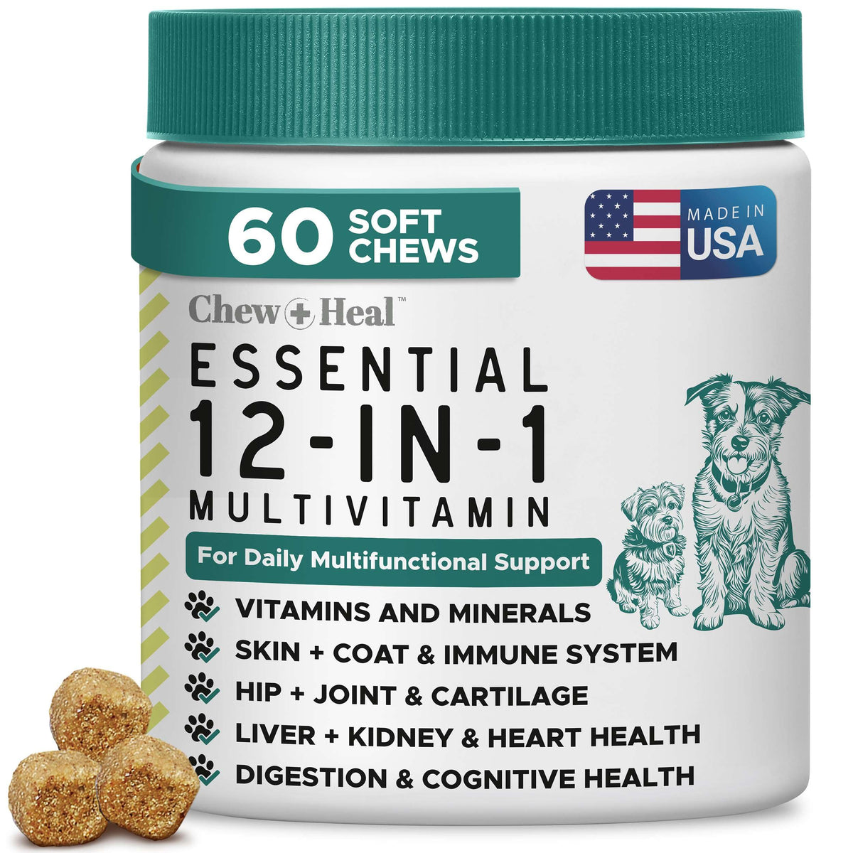 Chew + Heal Labs dog multivitamin soft chew in bottle supports daily vitality and mobility.