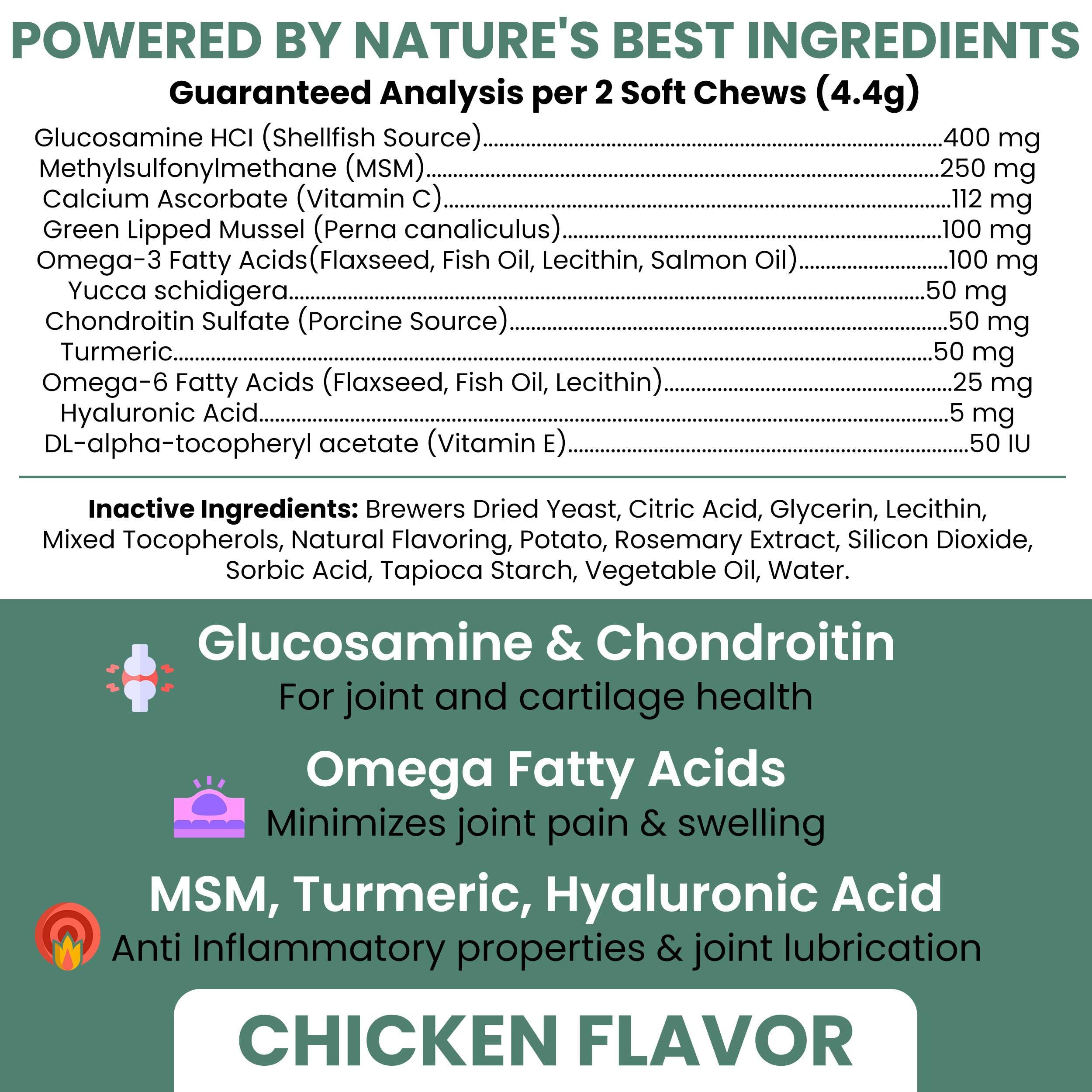 Chew + Heal Labs dog soft chews bottle back highlighting ingredients