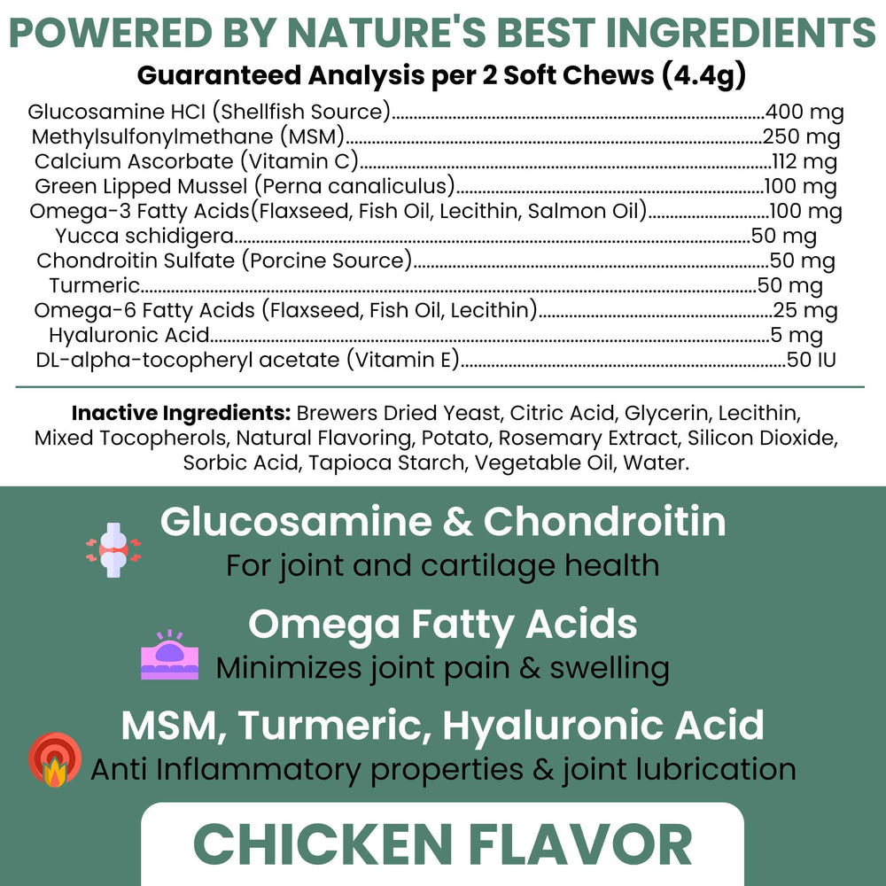 Chew + Heal Labs dog soft chews bottle back highlighting ingredients