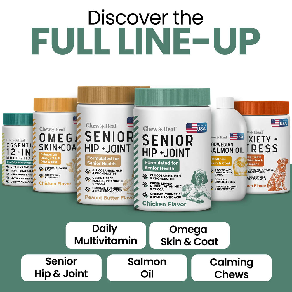Chew + Heal Labs turmeric and omega-3 ingredients visible for mobility support